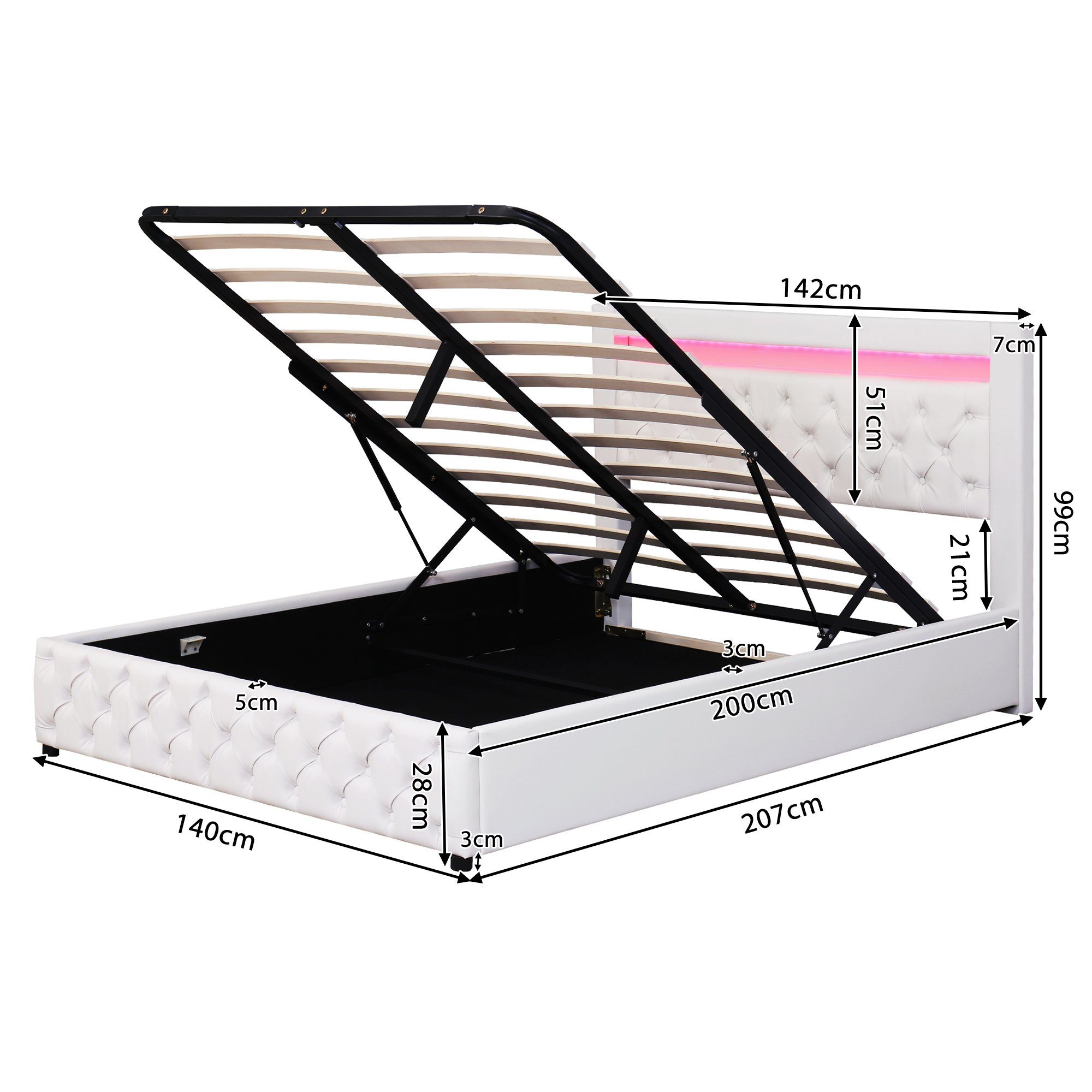 REDOM Polsterbett Polsterbett Doppelbett Stauraumbett Bett mit Lattenrost ohne Matratze (Leder, Hydraulisch 140 x 200 cm/180 x 200 cm), Funktionsbett mit Lattenrost und Stauraum, Mit LED-Beleuchtung