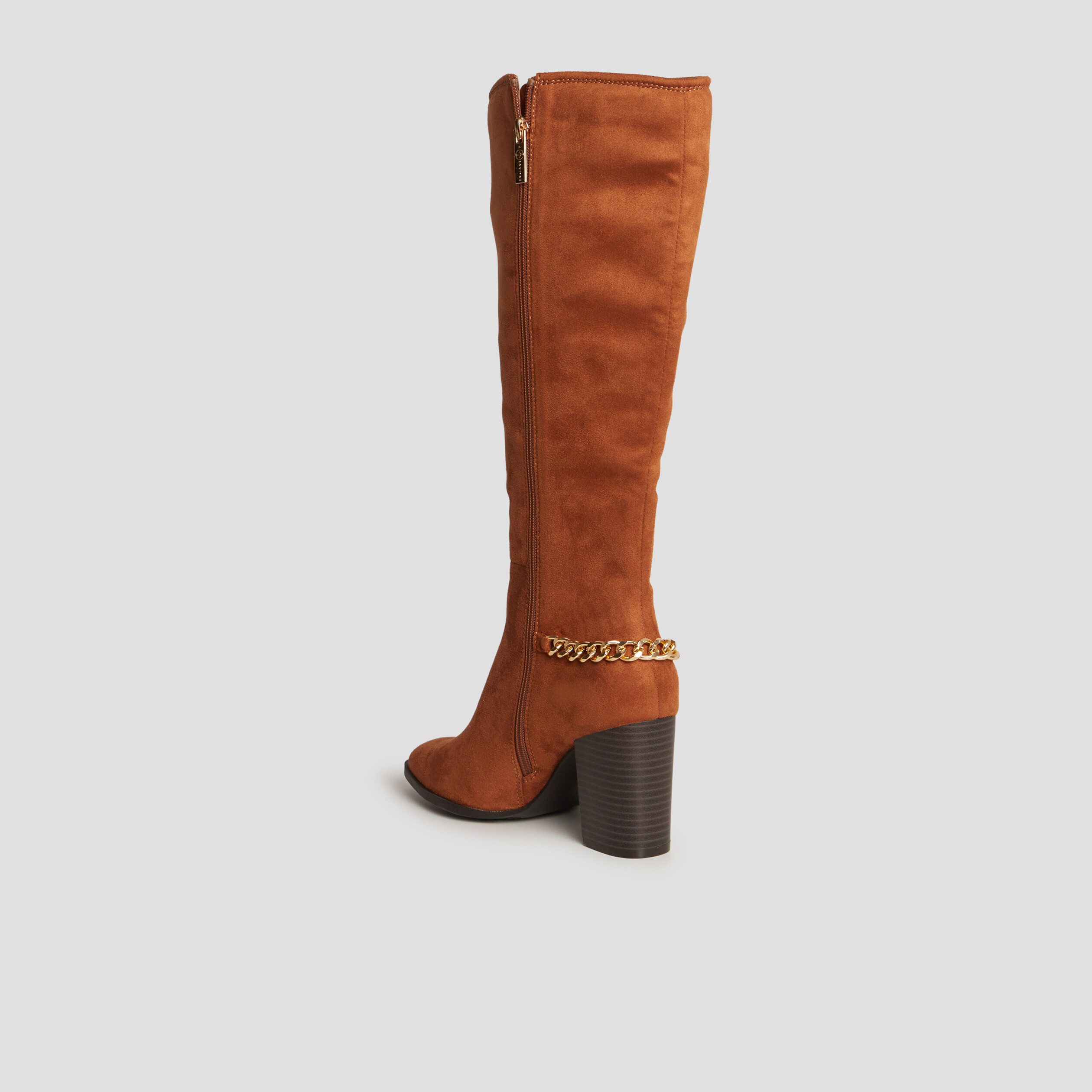 Bottes hautes détails chaînes à talons marron cognac femme | La Halle