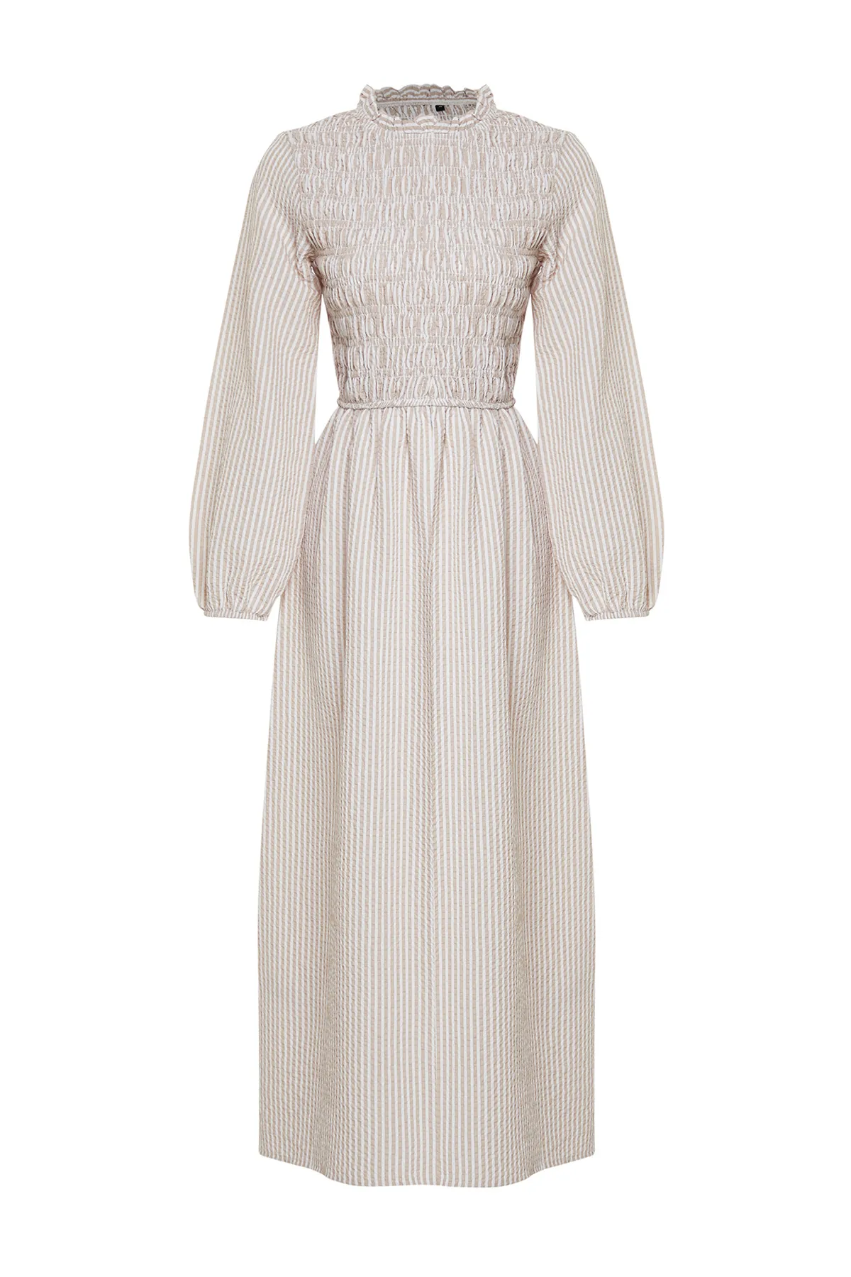 Trendyol Modest  Beige gestreiftes, detailliertes Gipe-Webkleid TCTSS24EB00082