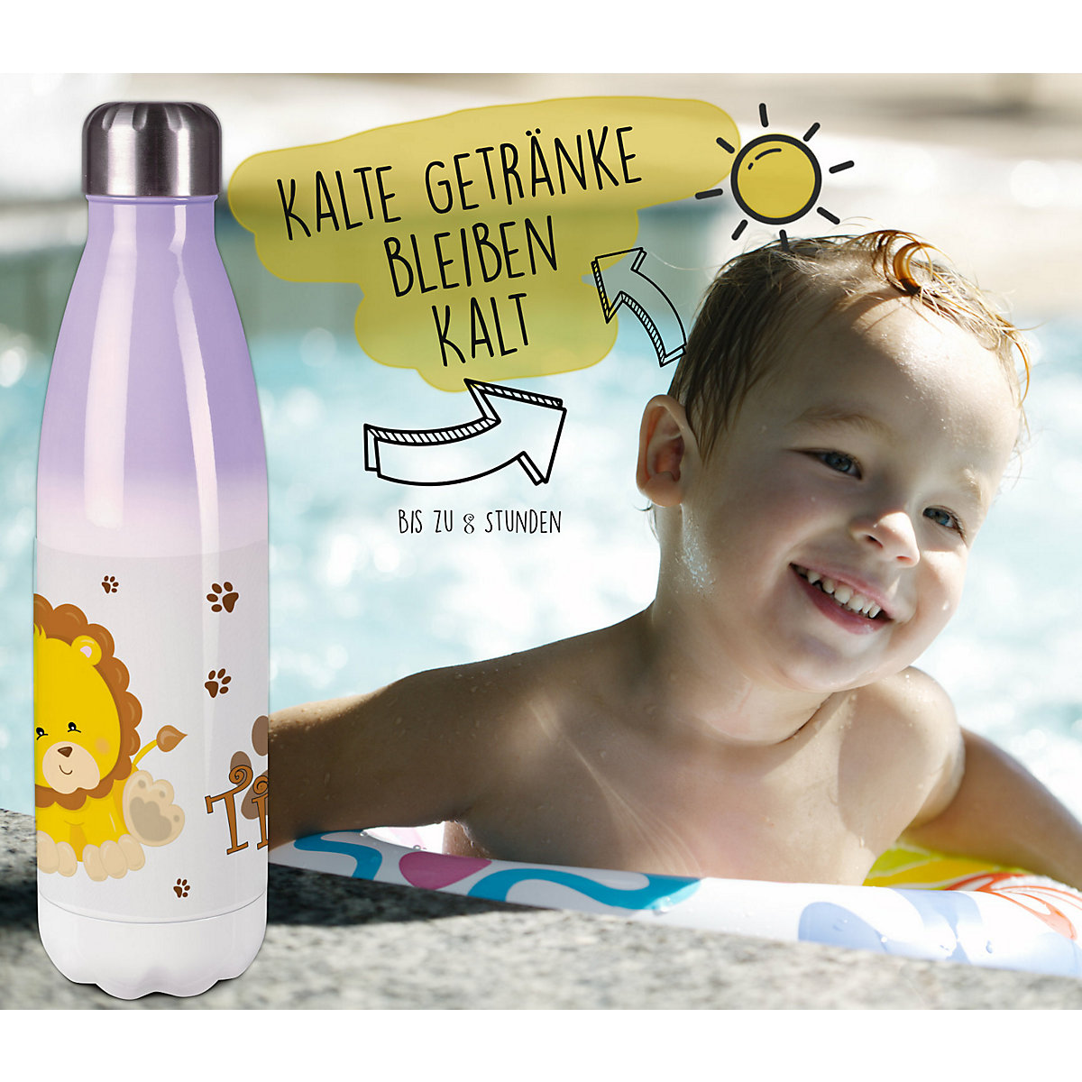 Edelstahl Kinder Thermoflasche / Trinkflasche bunt Löwe Spülmaschinenfest, Auslaufsicher, Bruchfest, Doppelwandig, Für Heißgetränke geeignet, Mit Deckel, Isoliert