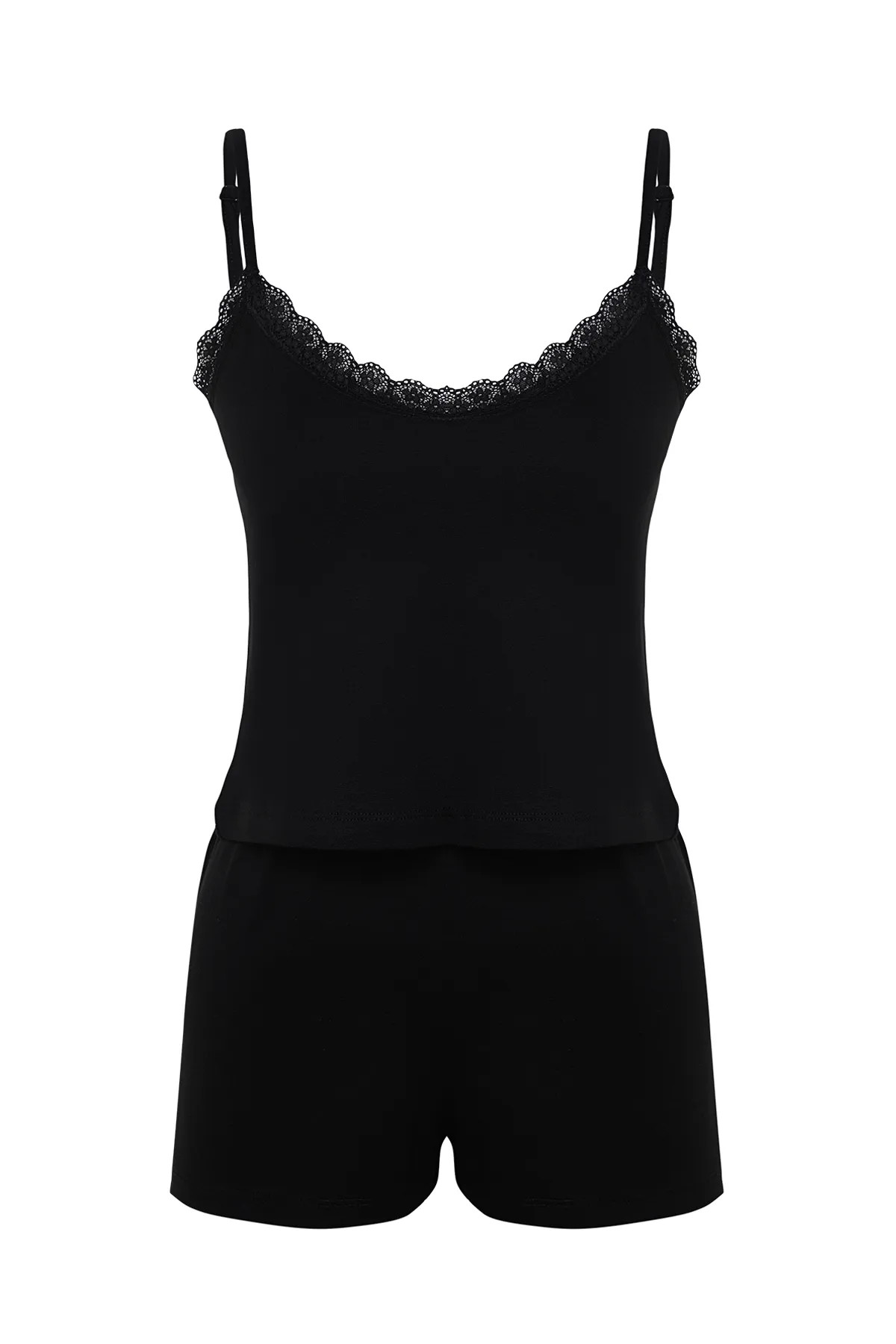 Trendyol Collection  Schwarzes Pyjama-Set aus Viskose-Strick mit Spitzendetail und String-Trägern THMSS24PT00007