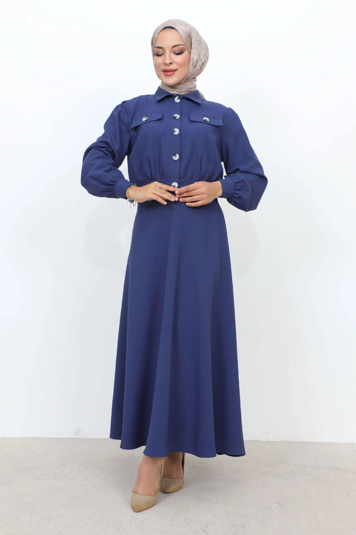 Tesettür Dünyası  Anzug mit geraffter Taille und Taschenrock TSD231201 Indigo