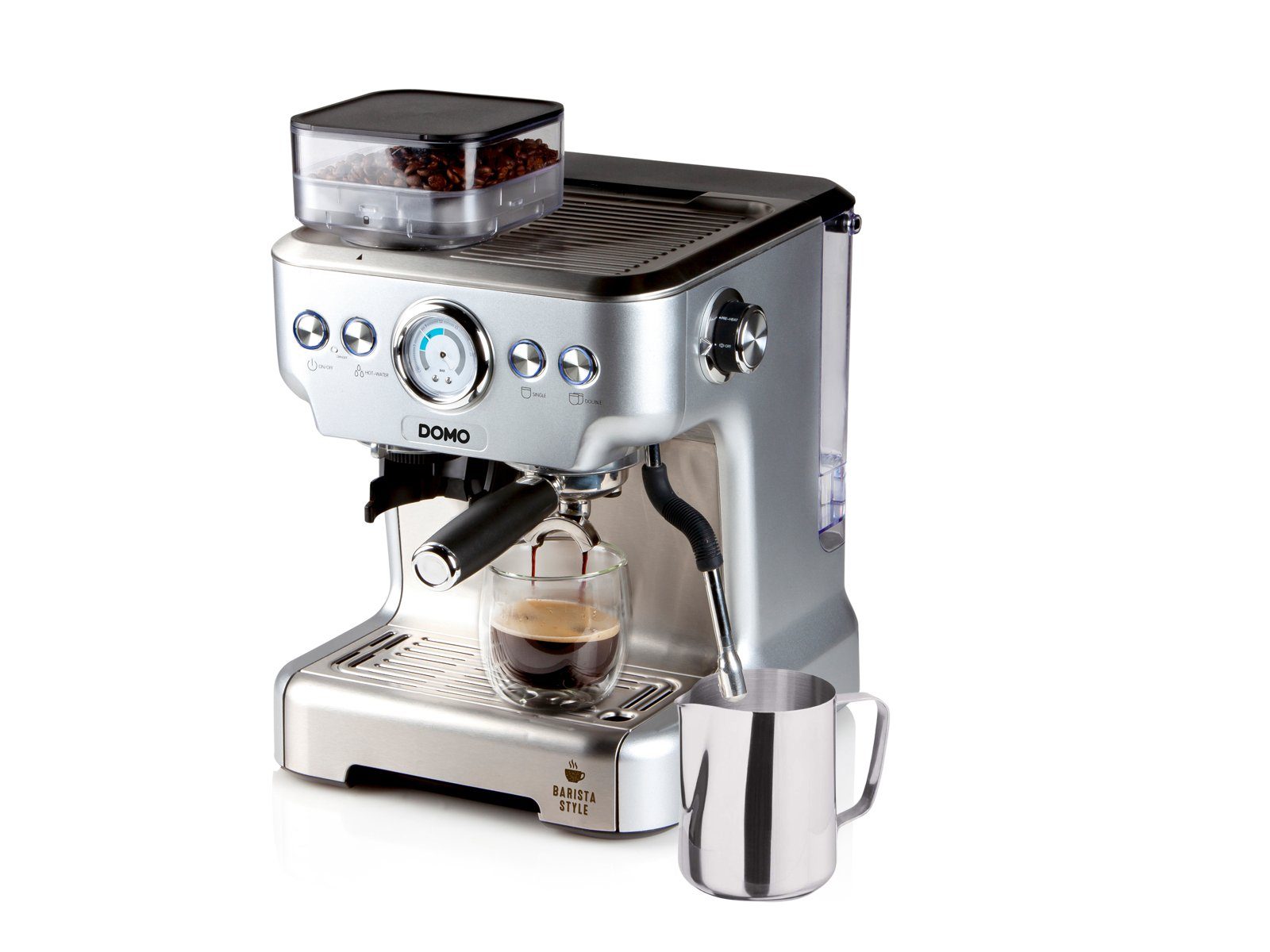 Domo Espressomaschine, Siebträgermaschine mit Mahlwerk Milchschäumer & abnehmbaren Wassertank