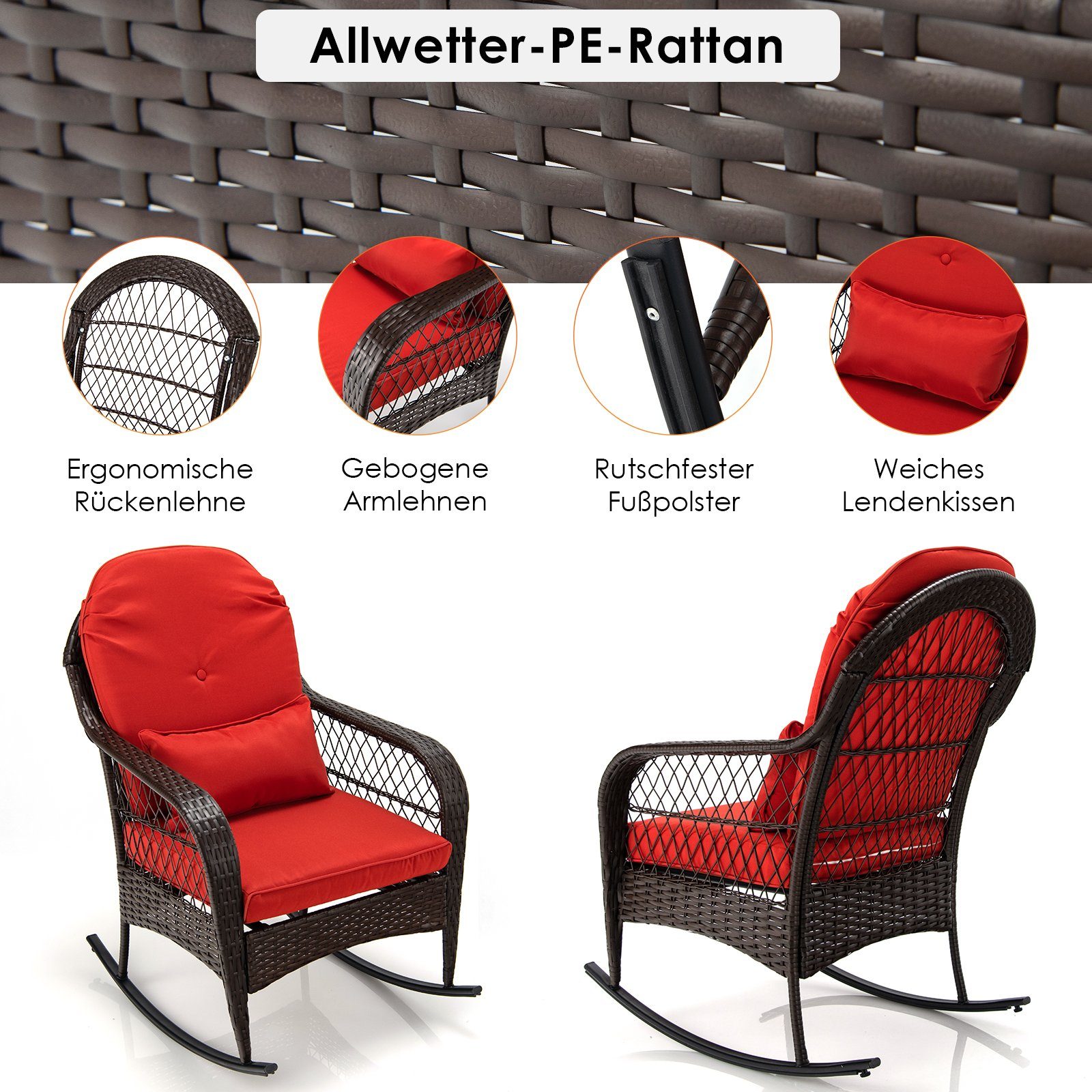 COSTWAY Schaukelstuhl, Rattan, mit Lehne und Kissen, 87x67x95cm