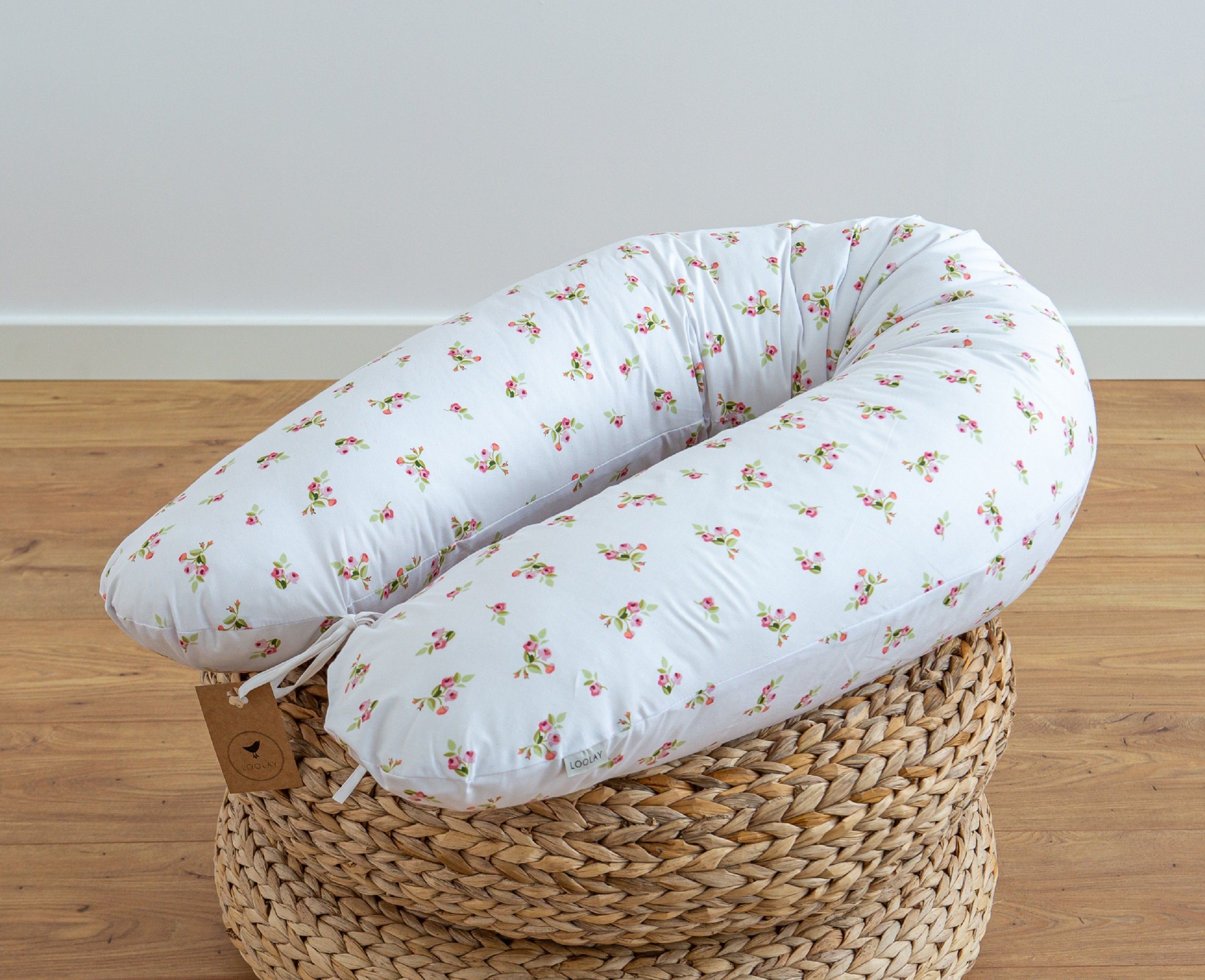 Loolay Seitenschläferkissen Premiere! ROSE Baumwolle Schwangerschaftskissen Seitenschläferkissen, MUSTER: Kleine ROSE; WEICH Füllung + 100% BIO-Baumwolle Kissenbezug, XXL 170 cm Stillkissen + Bezug mit Reißverschluss! PREMIUM Geschenk, LOOLAY® - 100%