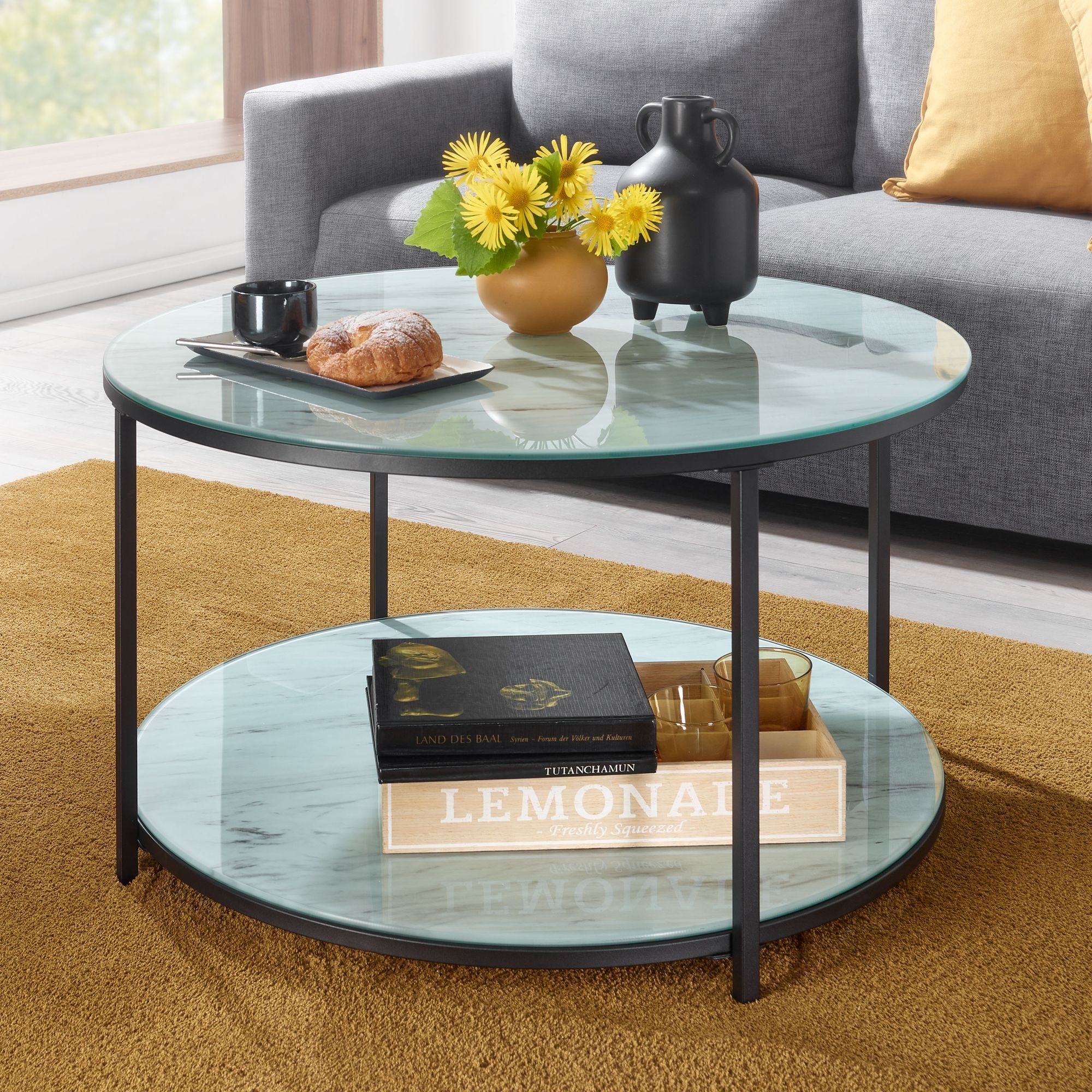 FINEBUY Couchtisch FB36843 (80x80x45 cm Glas Sofatisch Rund Marmor Optik Weiß), Wohnzimmertisch Kaffeetisch mit Metall-Gestell