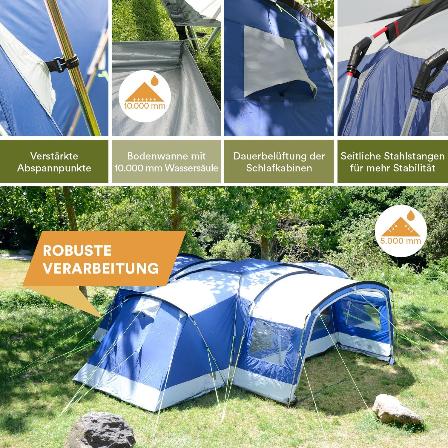 Skandika Kuppelzelt Nimbus 12 (blau), mit Sleeper Technologie, 3 Schwarze Schlafkabinen