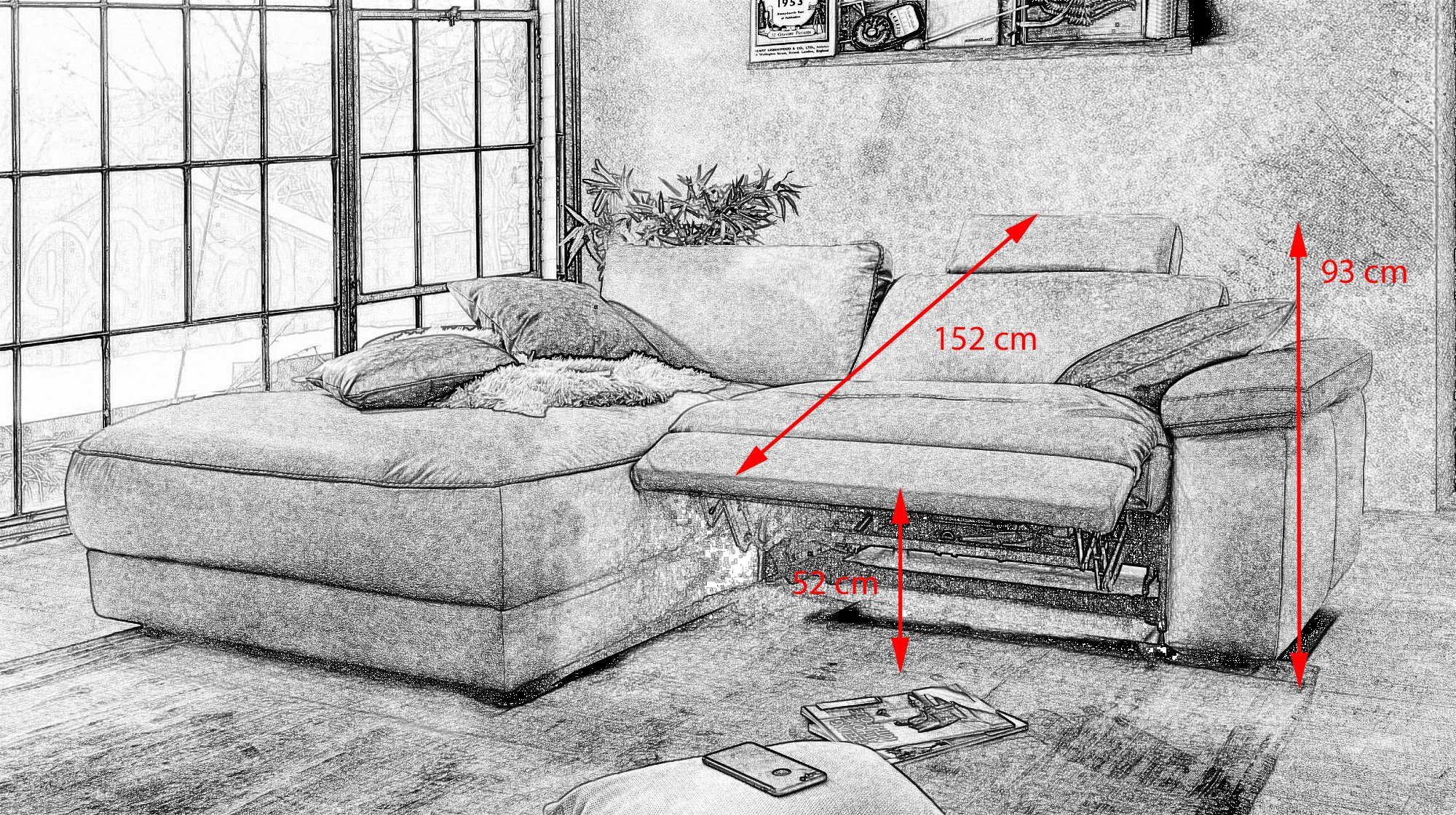 KAWOLA Ecksofa LOLA, Sofa Stoff od. Leder, Recamiere rechts od. links, versch. Farben