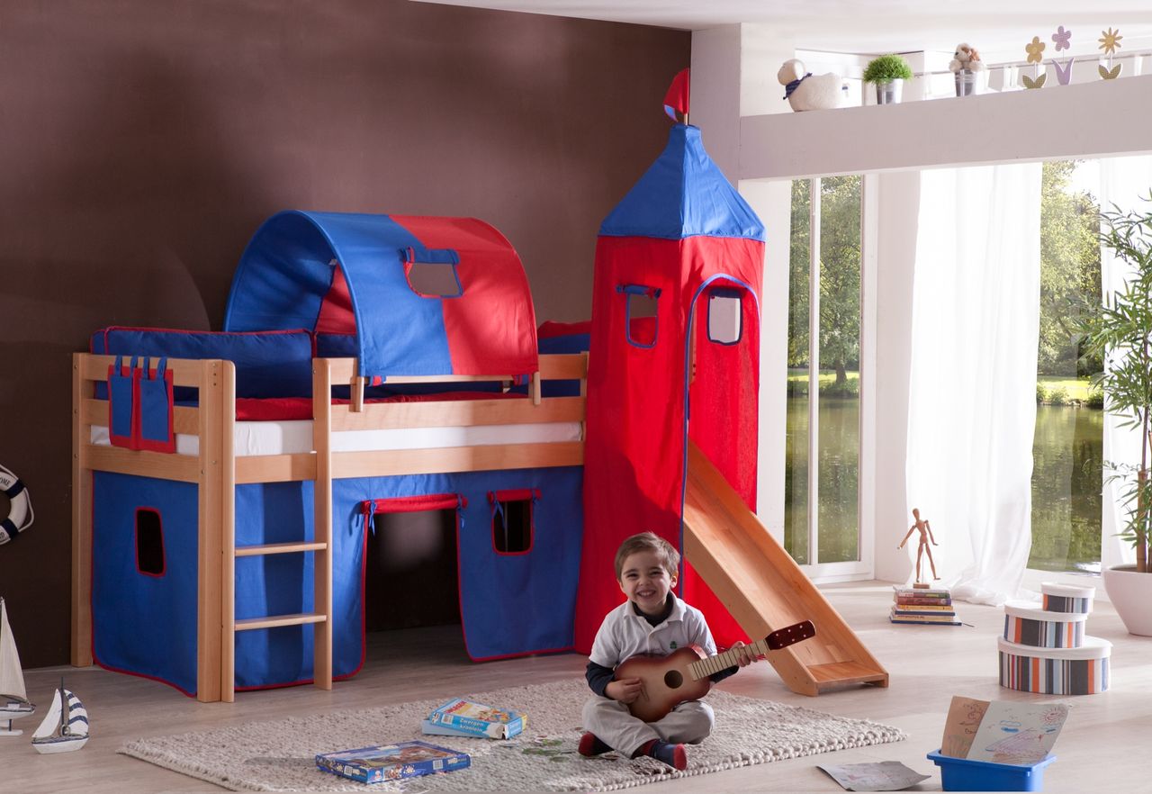 Relita Halbhohes Spielbett ALEX mit Rutsche/Turm/Tunnel Buche massiv natur lackiert mit Stoffset blau/rot