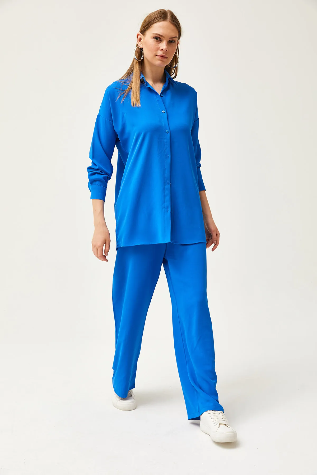 Olalook  Damen Saks Blau Drapiertes Hemd Hosen Set TKM-19000283