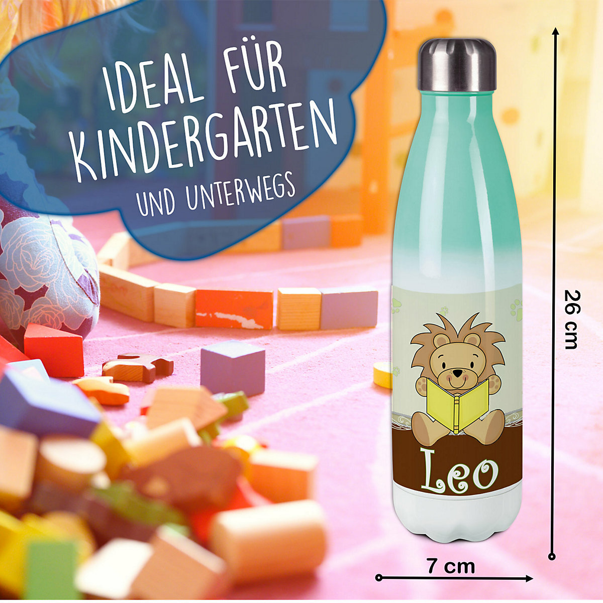 Edelstahl Kinder Thermoflasche / Trinkflasche bunt Leselöwe Farbe braun Spülmaschinenfest, Auslaufsicher, Bruchfest, Doppelwandig, Für Heißgetränke geeignet, Mit Deckel, Isoliert