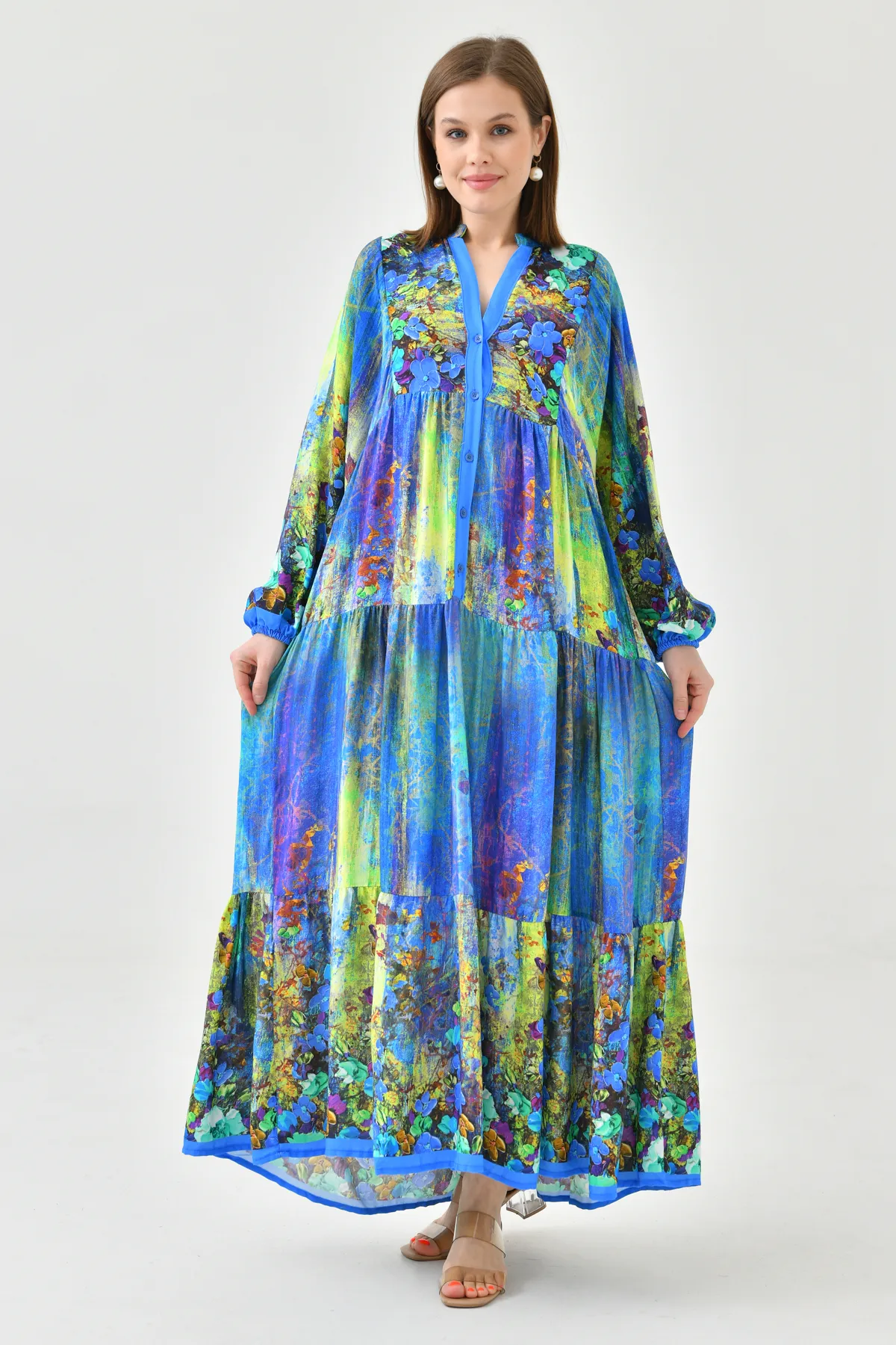 lovebox  Blumengemustertes, geknöpftes, vorherrschendes Kragen-Ballonärmel-Sommerkleid in Midi-Länge, weit ausgestellter Schnitt, 036