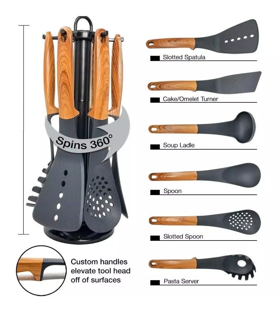 Cheffinger Kochbesteck-Set Küchenhelfer 7-teilig Spaghettiheber, Schöpfkelle, Pfannenwender, Servierlöffel Kochbesteck Drehbar Gastronomie