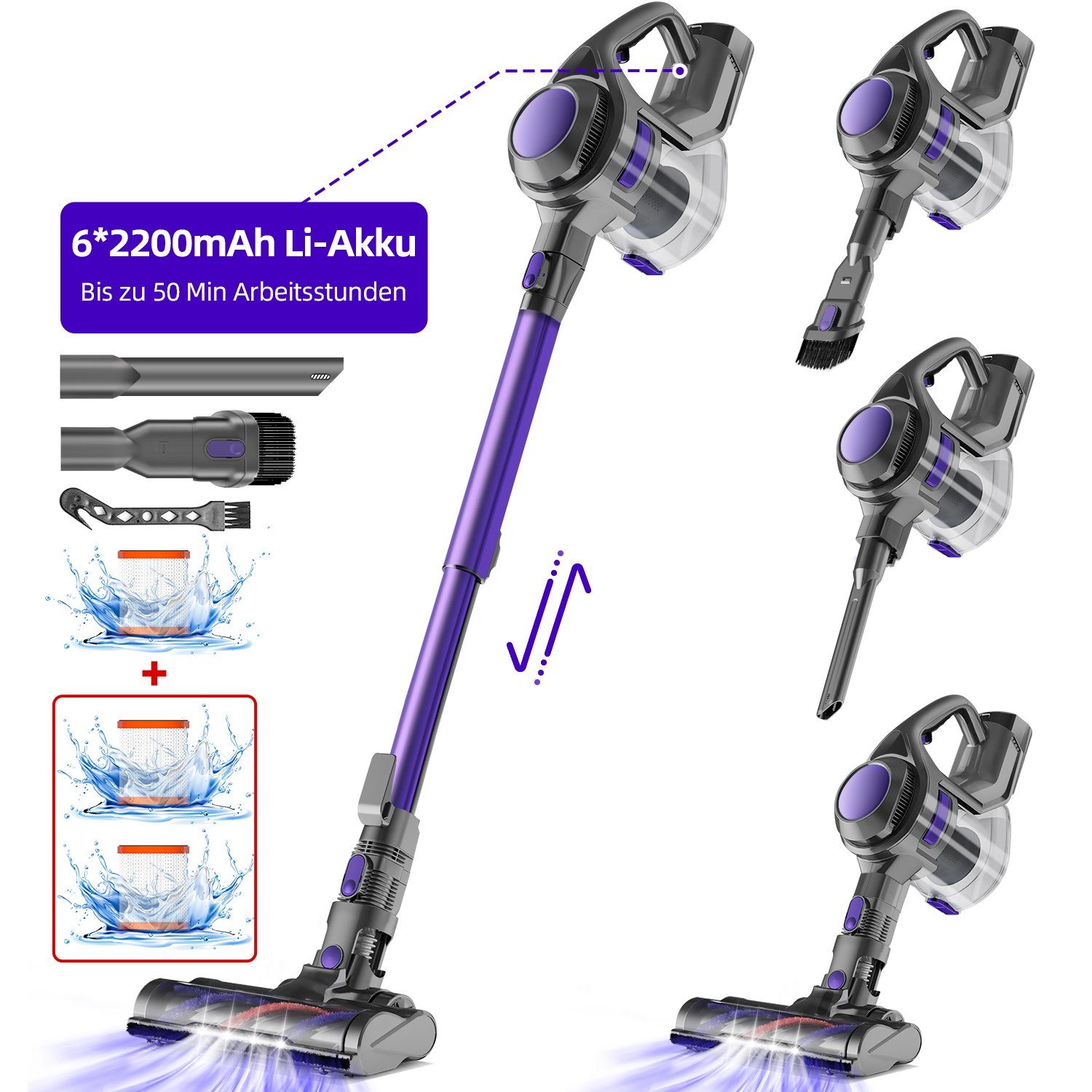 Authmic Akku-Stielstaubsauger Akku Staubsauger, Staubsauger Kabellos mit 25000pa Saugkraft, Akkusauger, Bis zu 50 Min Laufzeit, 1.3L Staubbehälter