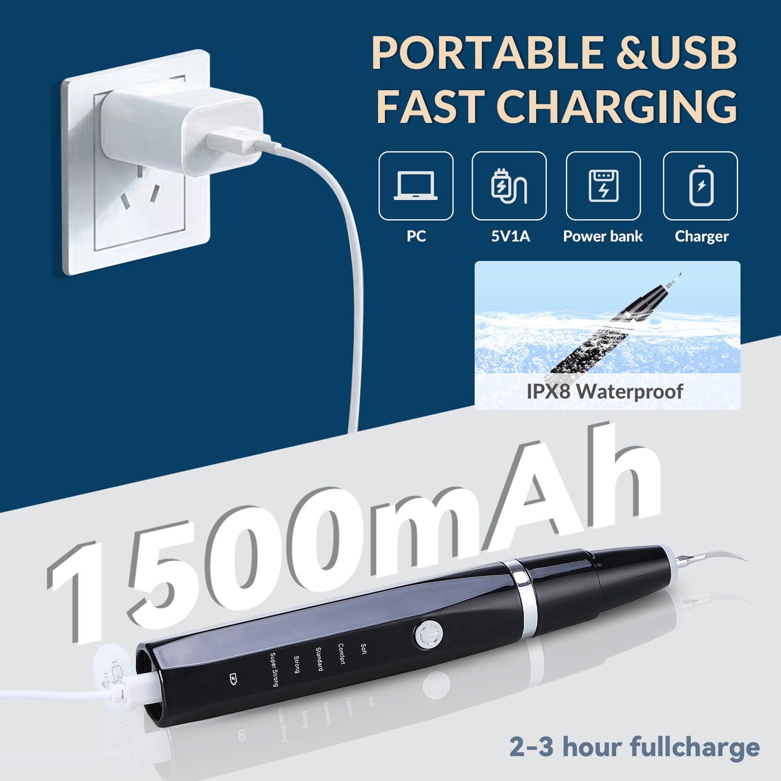 SEEZSSA Zahnpflege-Set Zahnreinigungsset Munddusche mit 5Modi Einstellbar mit LED,Schwarz, Zahnsteinentferner1500 mAh Kabelloser Ultraschall-Zahnreiniger