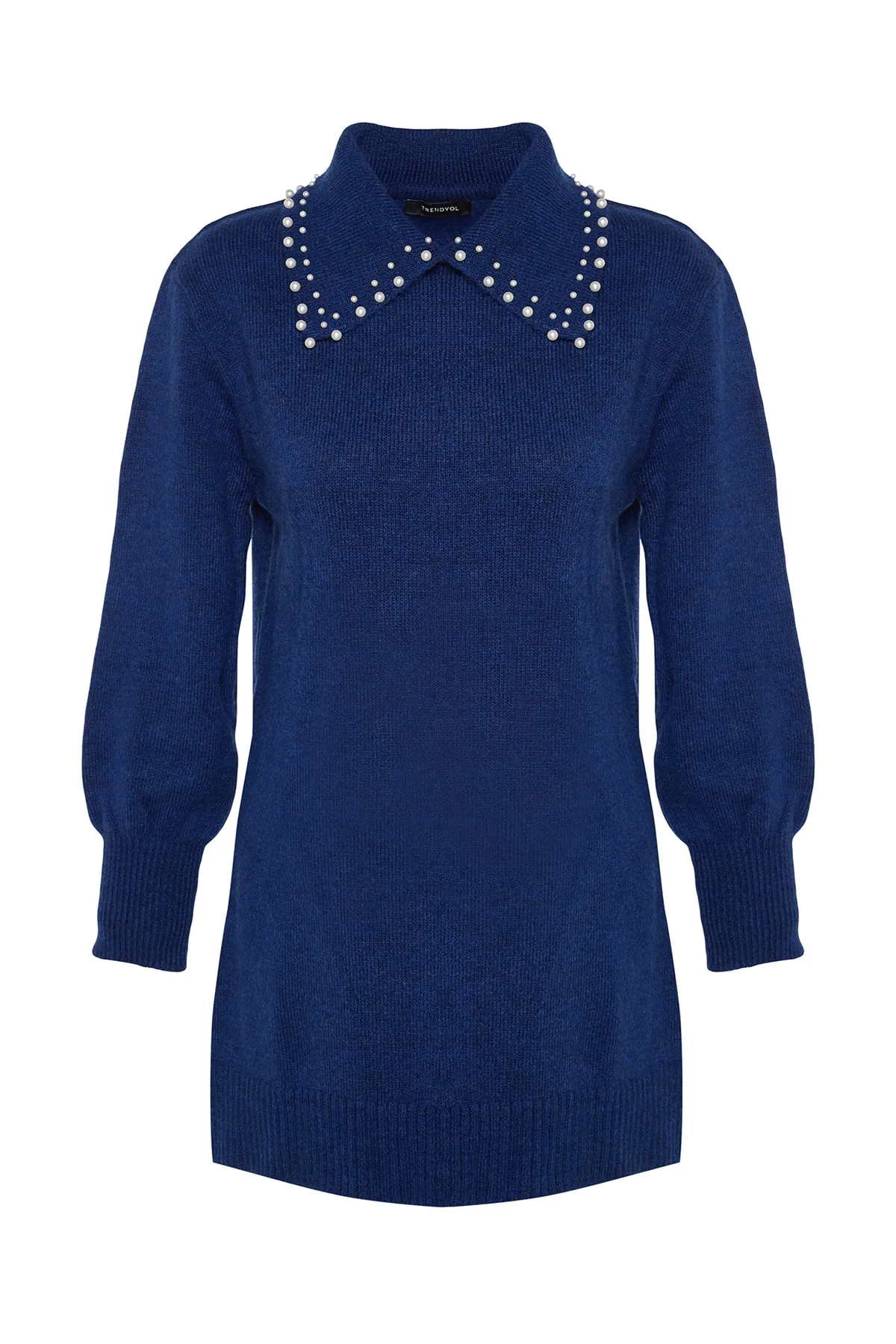 Trendyol Modest  Marineblauer Babykragen-Pullover aus weichem Strick mit Perlenmuster TCTAW22AK0238