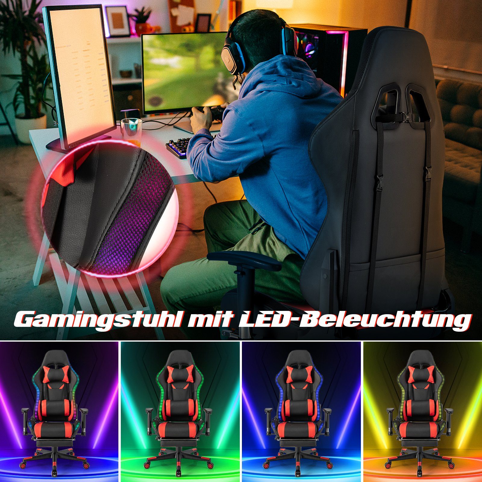 COSTWAY Gaming-Stuhl, mit Fußstütze, RGB-LEDs, verstellbarer Rücklehne, 160kg