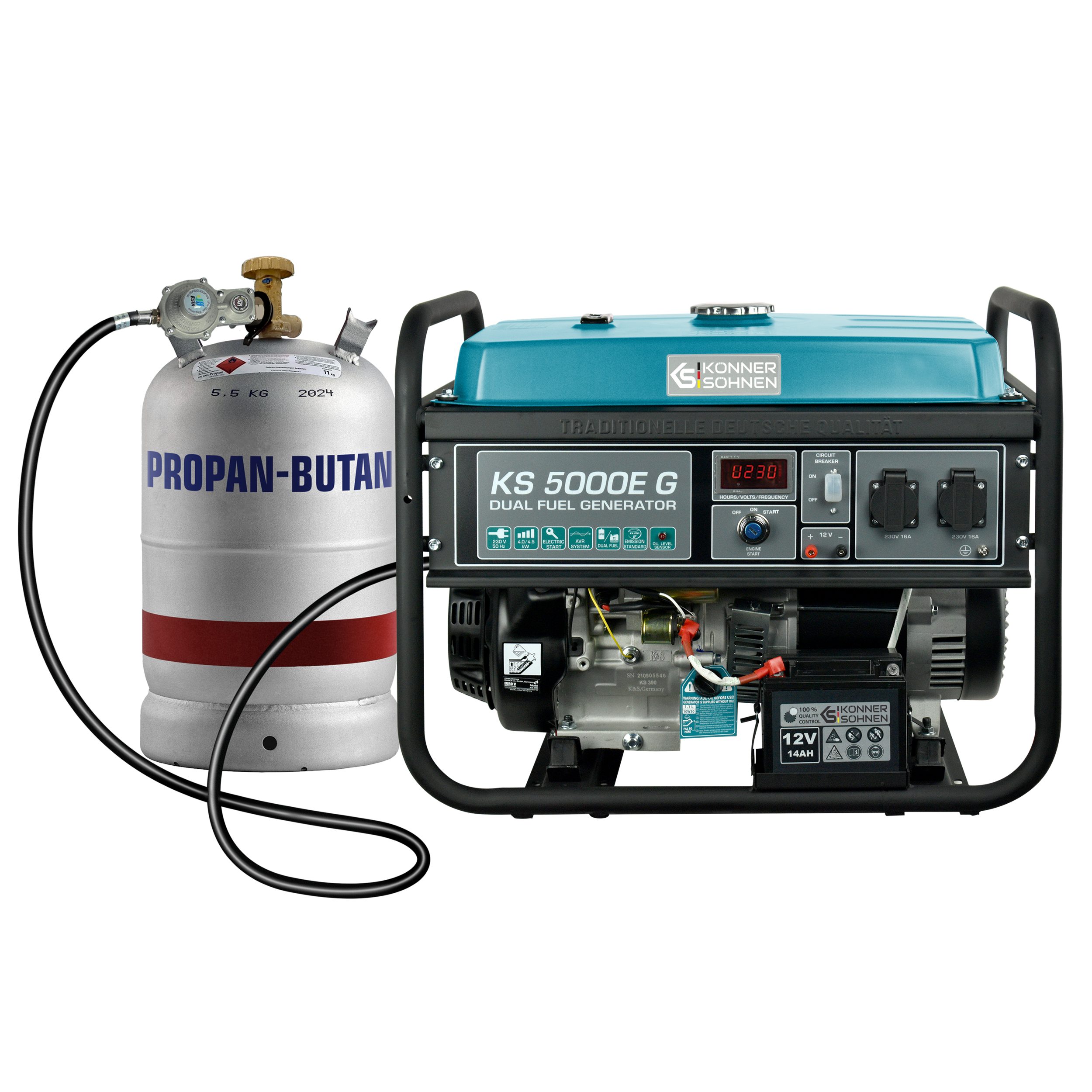 Könner & Söhnen Stromerzeuger KS 5000E G, 4,50 in kW, (1-tlg), Hand-/Elektroanlass, 2x16A, 12 V, automatischer Spannungsregler (AVR)