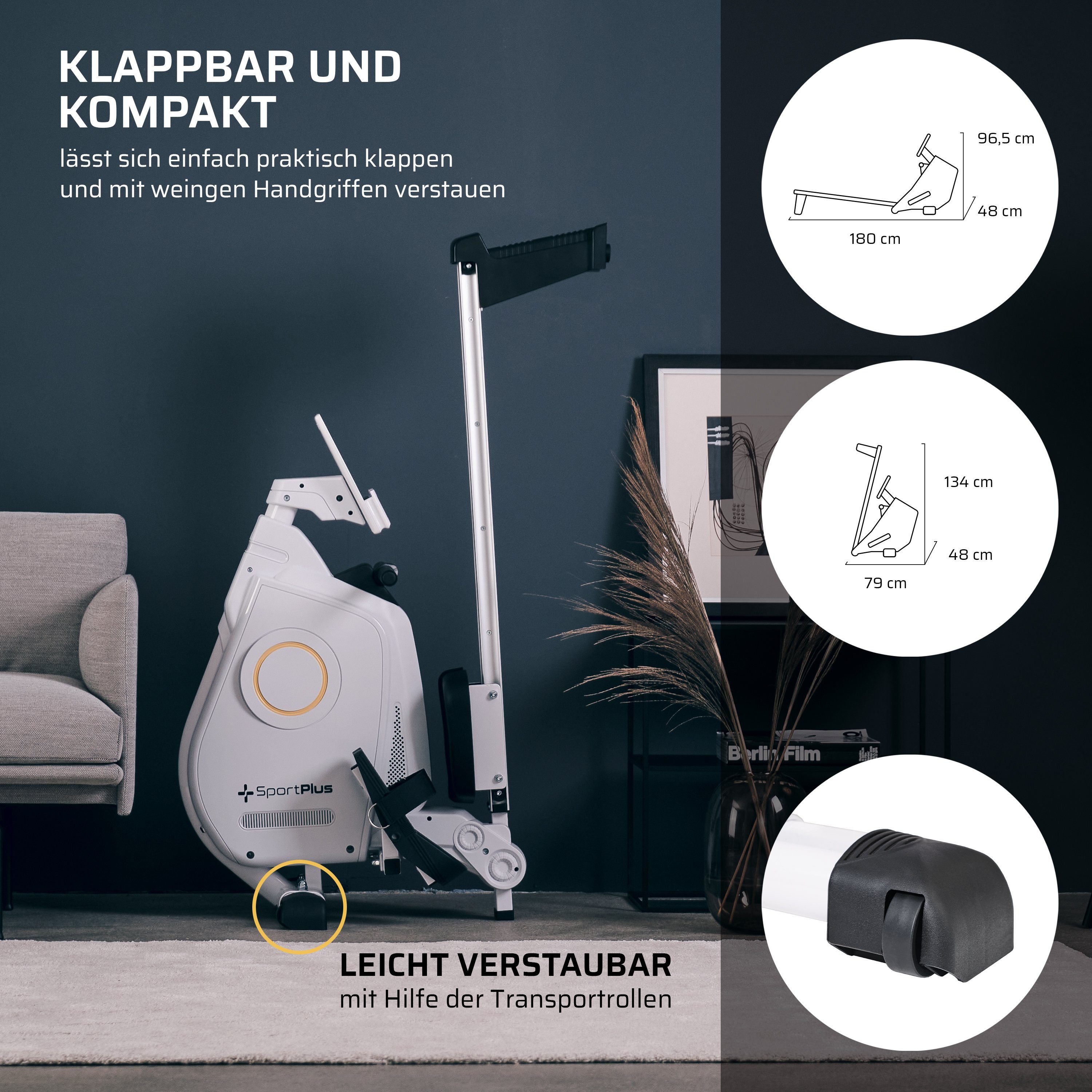 SportPlus Rudergerät SP-MR-030-W-iE, Rudergerät, klappbar, mit App-Steuerung, leises Magnetbremssystem
