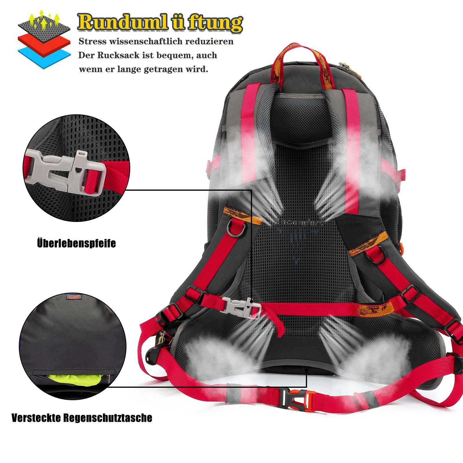 TAN.TOMI Wanderrucksack 36L Großer Wanderrucksack mit Rückenbelüftung, Wasserdicht (Einschließlich Regenschutz), mit Regenschutz für Outdoor Reisen Camping Trekking