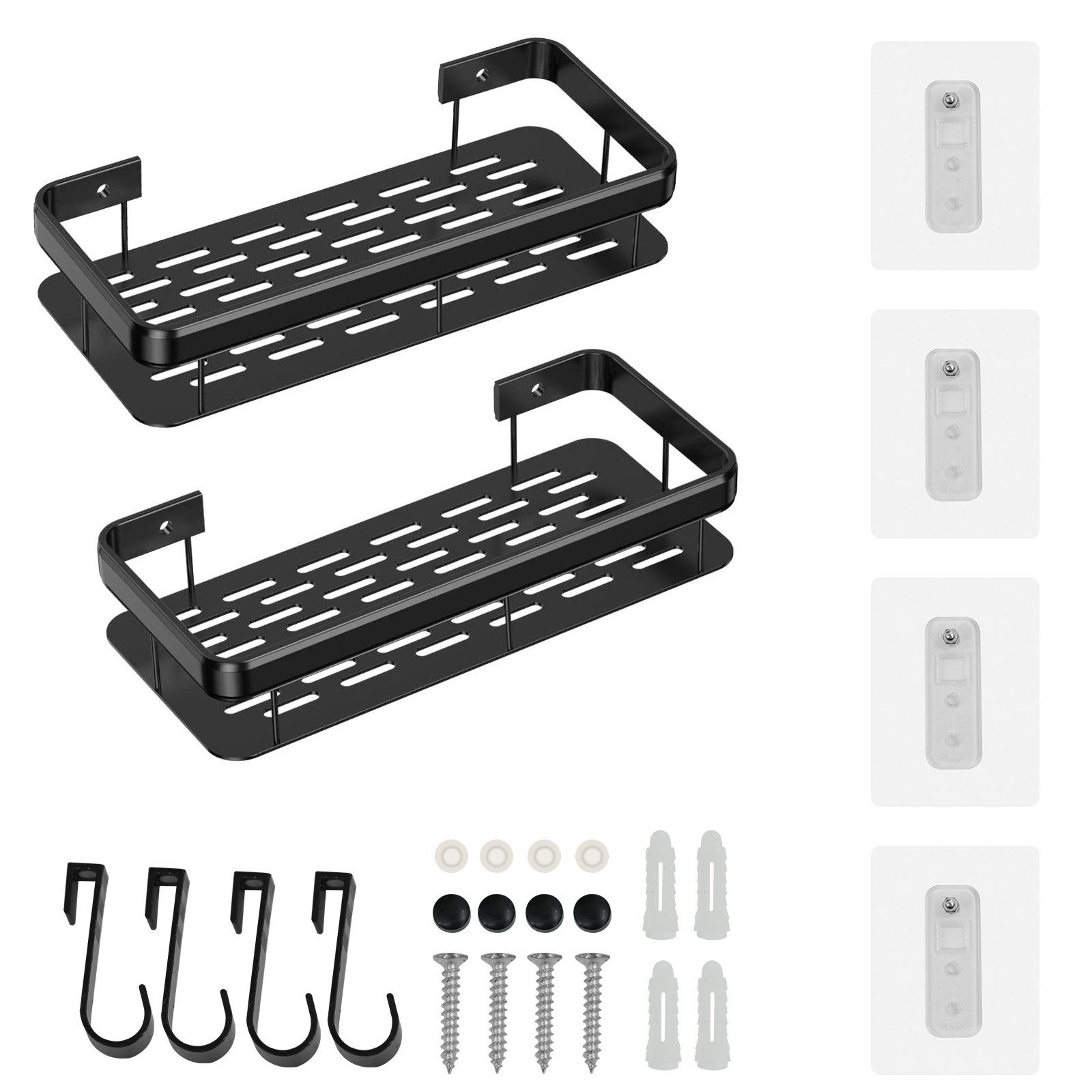 CALIYO Duschregal Duschablage ohne Bohren, 2-Tlg Duschkorb Aluminium rostfrei, Duschregal mit 4 Haken für Handtuch, Bürste und ​Duschschwamm