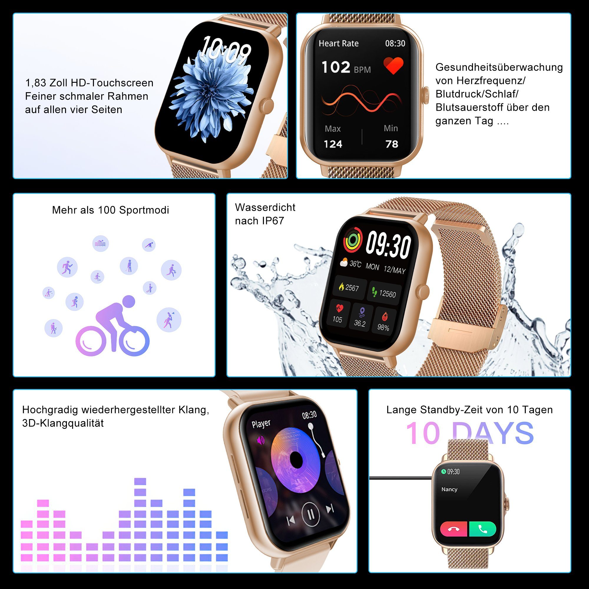 Tisoutec Smartwatch Damen Herren Smartwatch (Fitnessuhr mit Telefonfunktion/WhatsApp Notiz,Smartwatch Fitness Tracker Uhr IP67 Wasserdicht,1.83