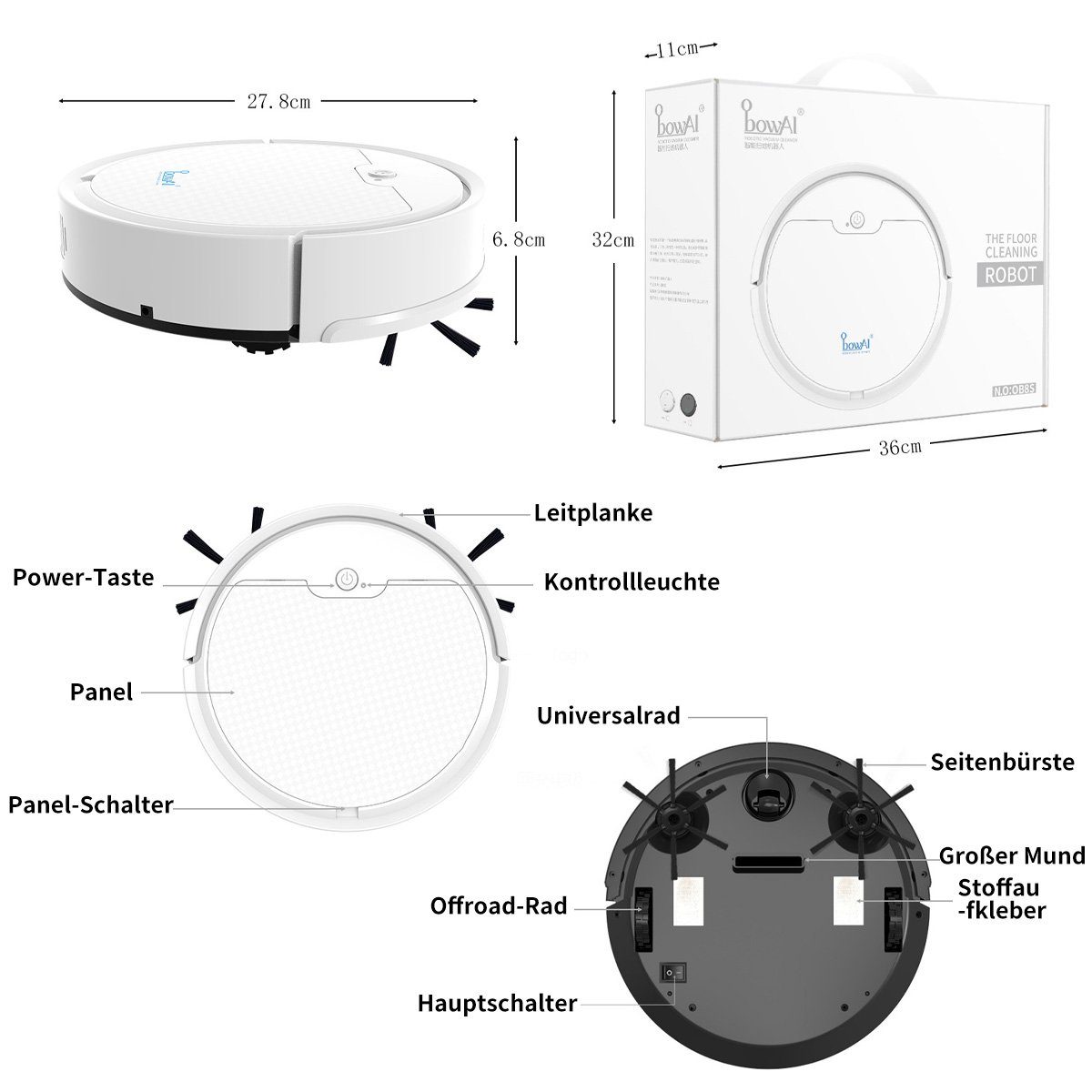 DOPWii Saugroboter 6W 1800Pa 3 in 1 Roboter Staubsauger, Kehren Saugen Wischen,400mL, 6,00 W, Beutellos