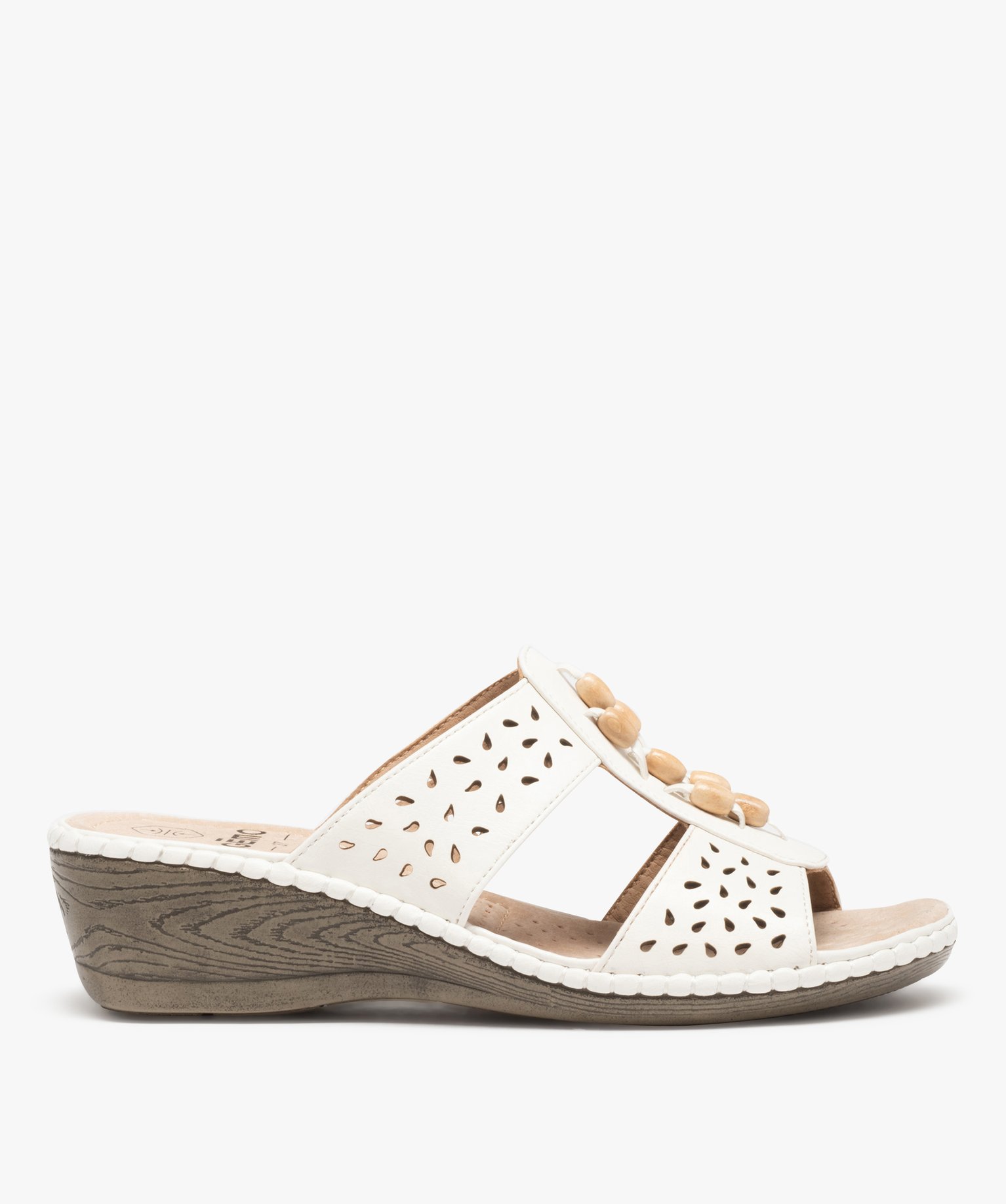 Mules femme confort à brides ajourées et perles en bois ecru | GEMO