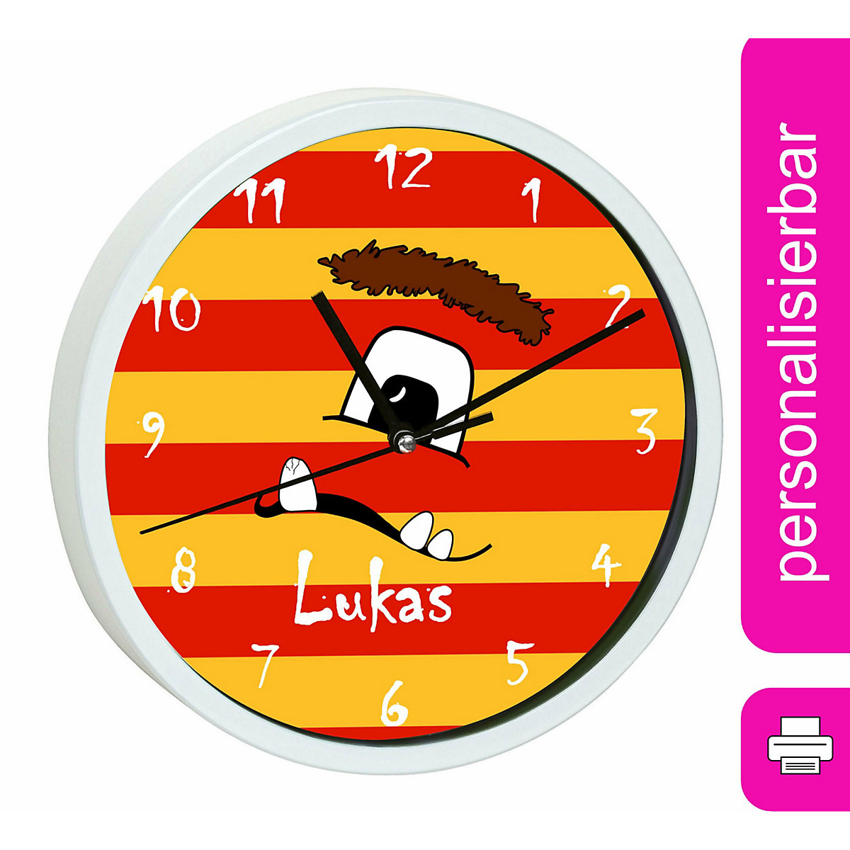 Kinder Wanduhr personalisiert mit Name Monster Streifen rot gelb