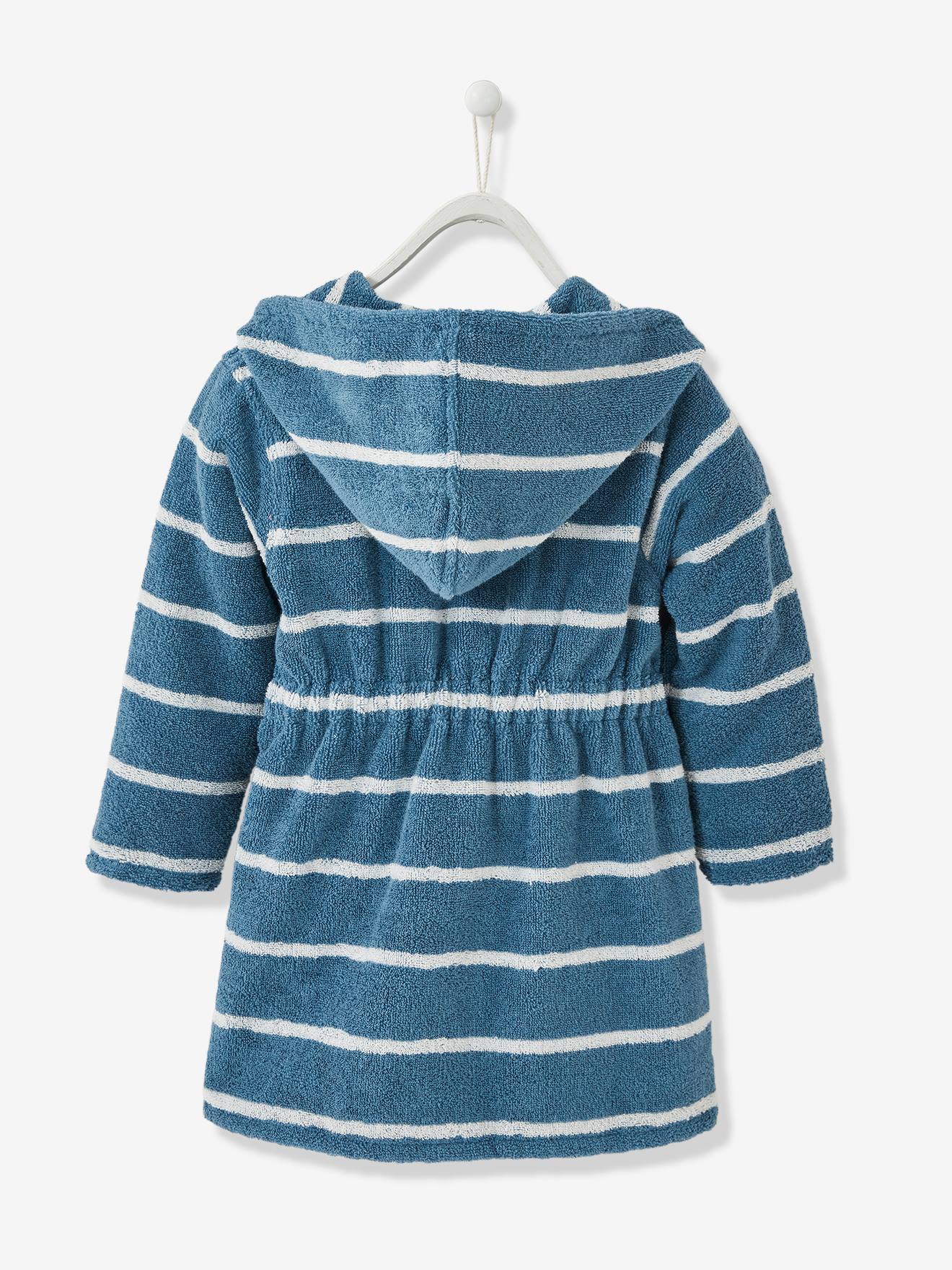 Peignoir de bain rayé enfant à capuche et personnalisable bleu/blanc