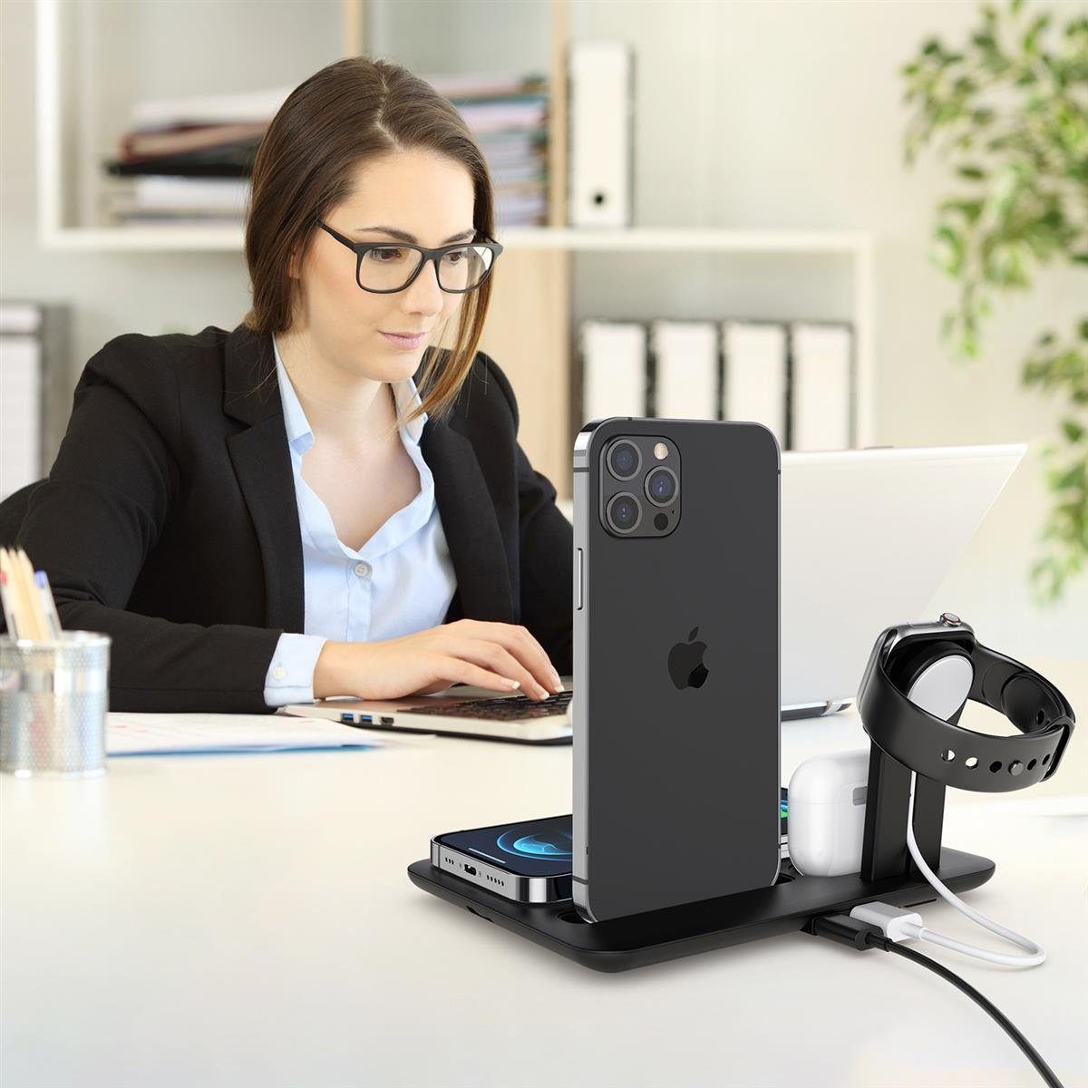 Wisam Smartphone-Dockingstation Wisam® 4 in 1 Multifunktion 15W QI Ladestation für Airpods Apple Watch, Steckverbindung