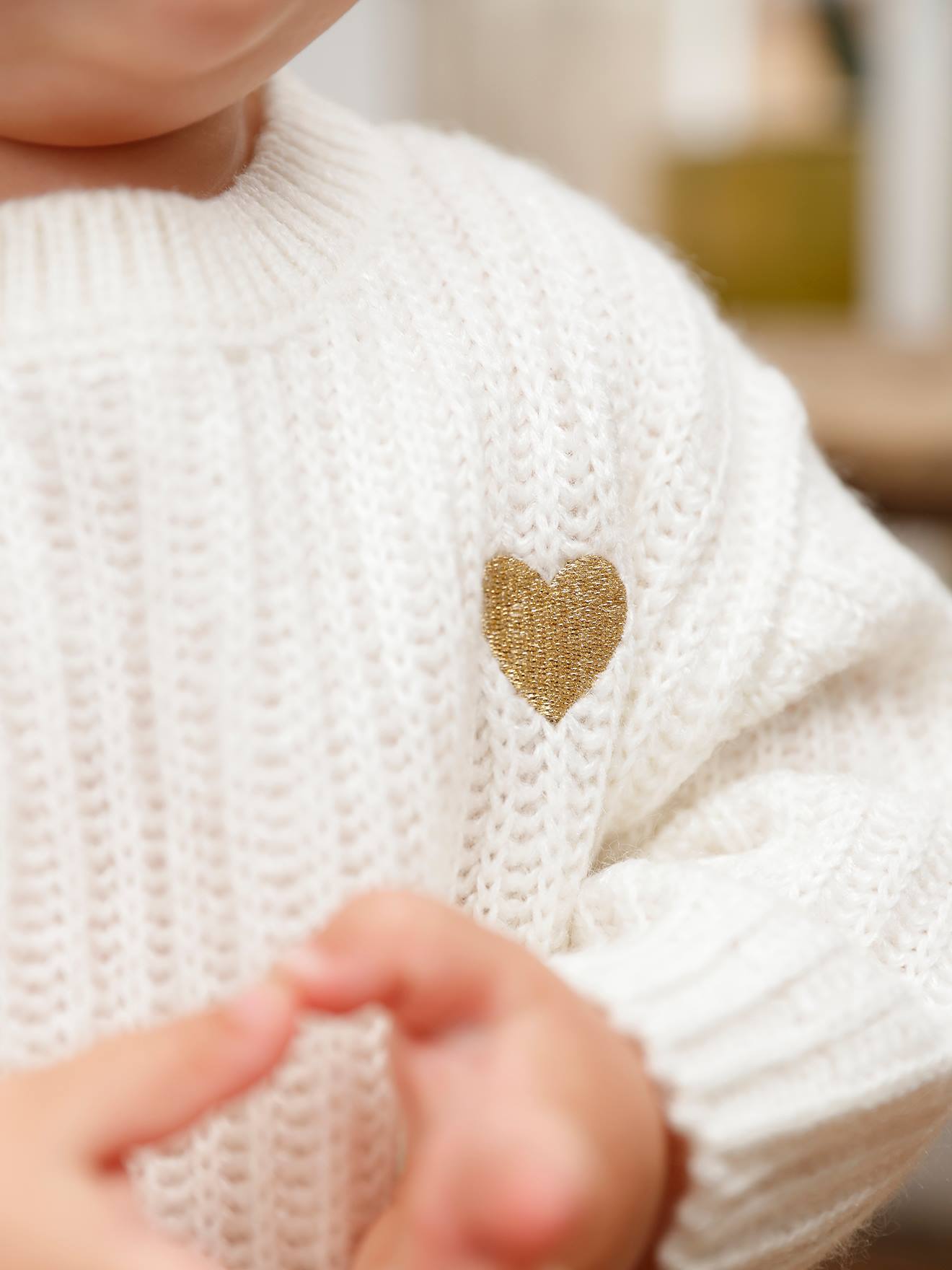 Pull tricot bébé coeur doré bleu ciel