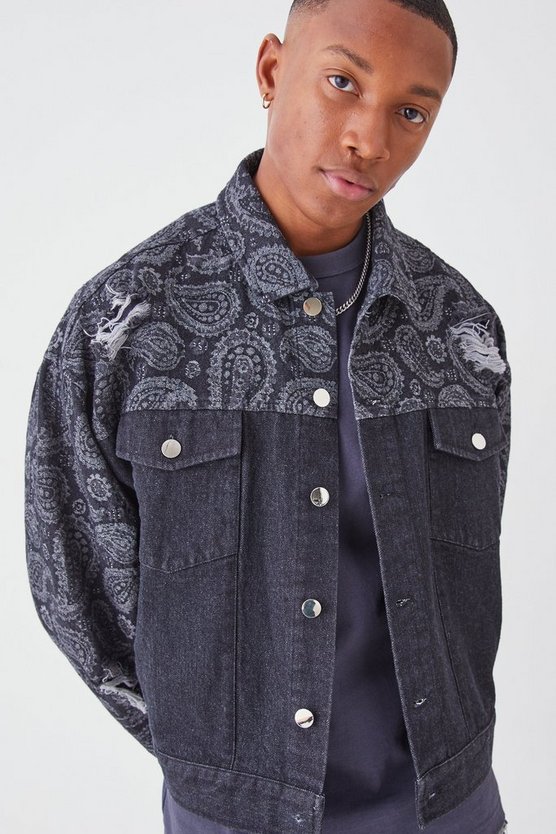 Kastige gespleißte Jeansjacke mit Paisley-Print
