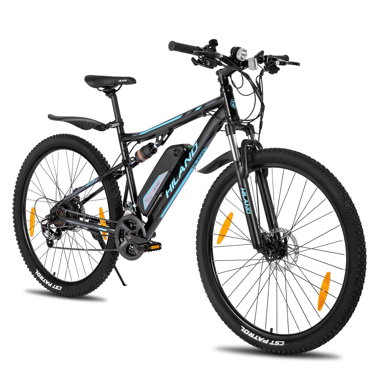 HILAND E-Bike 27.5/29 Zoll E-Mountainbike Vollfederung Damen Herren,mit LCD Display, 21 Gang Shimano Tourney Schaltwerk, Kettenschaltung, Heckmotor, 374.4 Wh Akku, (set, mit Schutzblechen, mit Beleuchtungsset, mit akku-ladegerat), Elektrofahrrad für