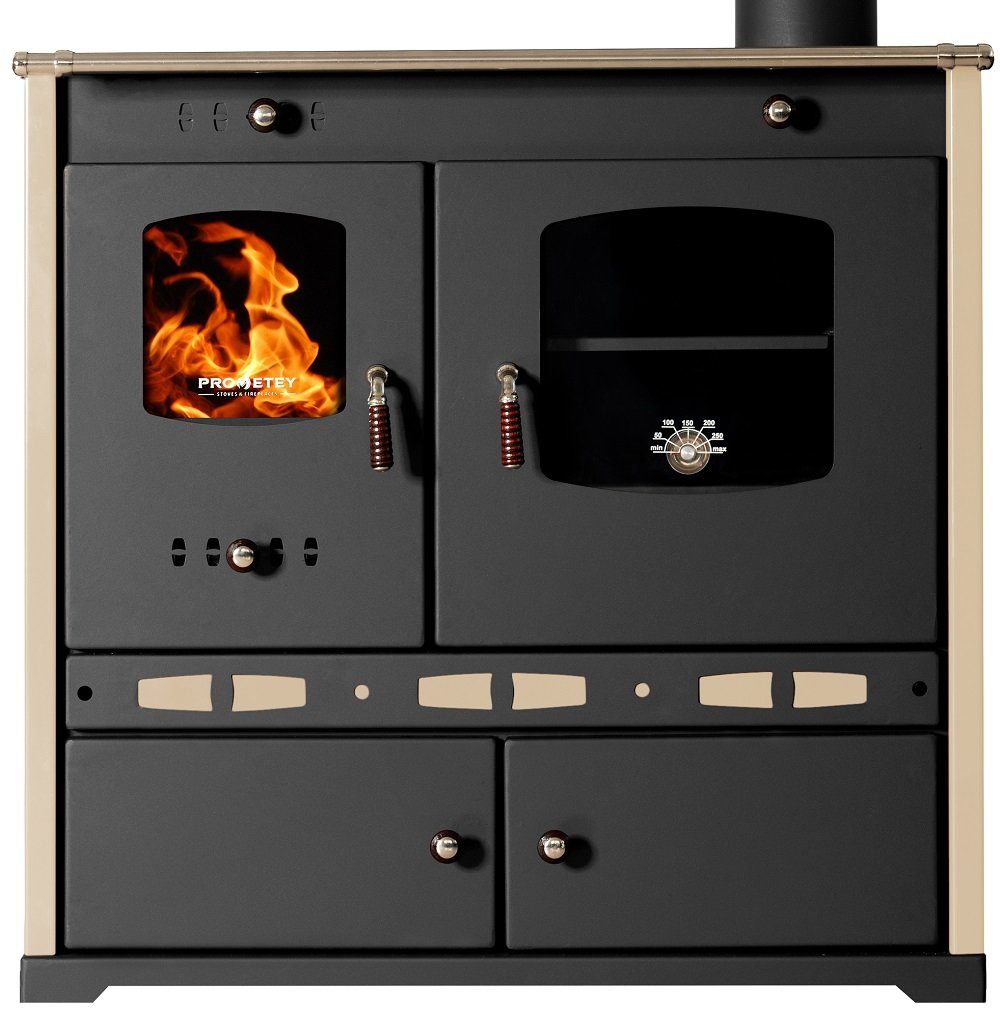 Prometey Festbrennstoffherd Küchenofen Perfect ECO LUX creme, rechte Version, 7,40 kW, Rauchrohranschluss: 130 mm oben rechts