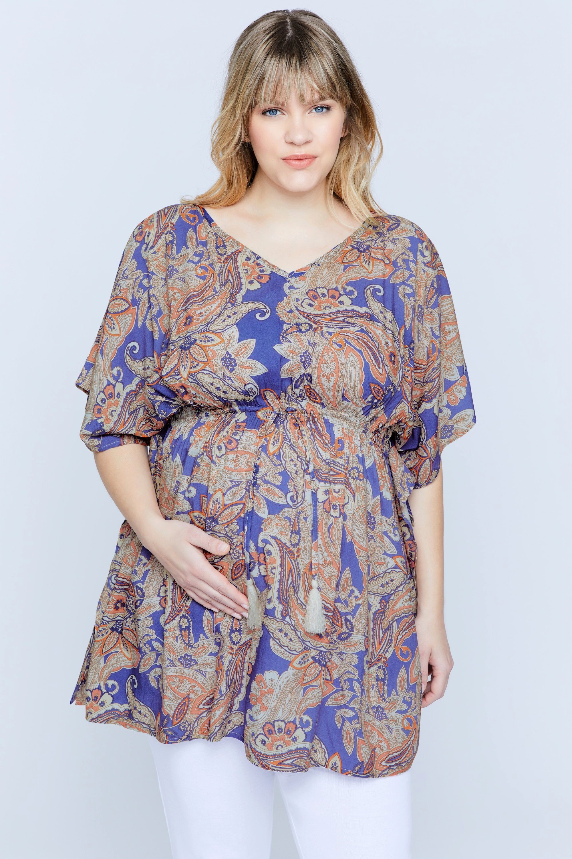 Ulla Popken Umstandsbluse Bellieva-Kaftan Tunika V-Ausschnitt Bindeband