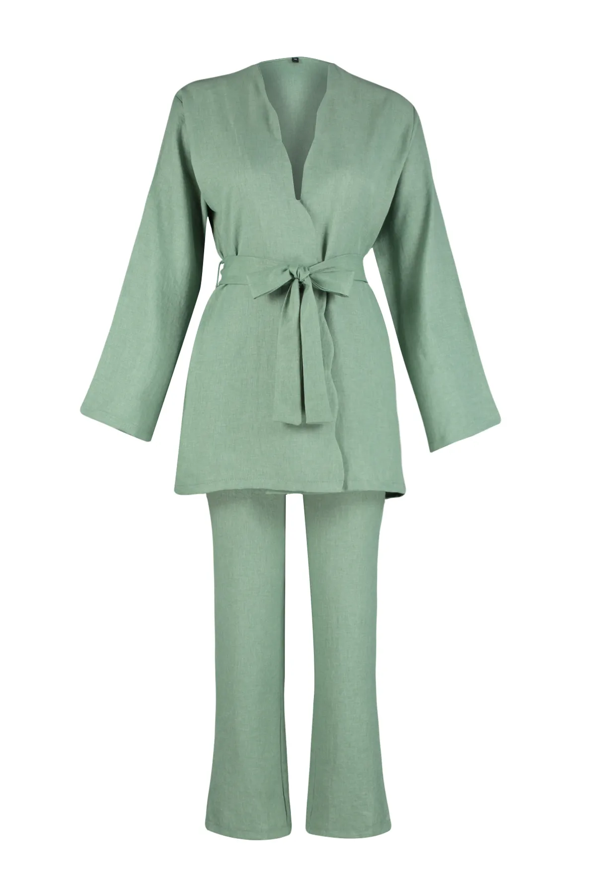Trendyol Modest  Khakifarbenes Kimono-Hose-Set in Leinenoptik mit Gürtel, gewebter Unterteil und Oberteil TCTSS24US00005