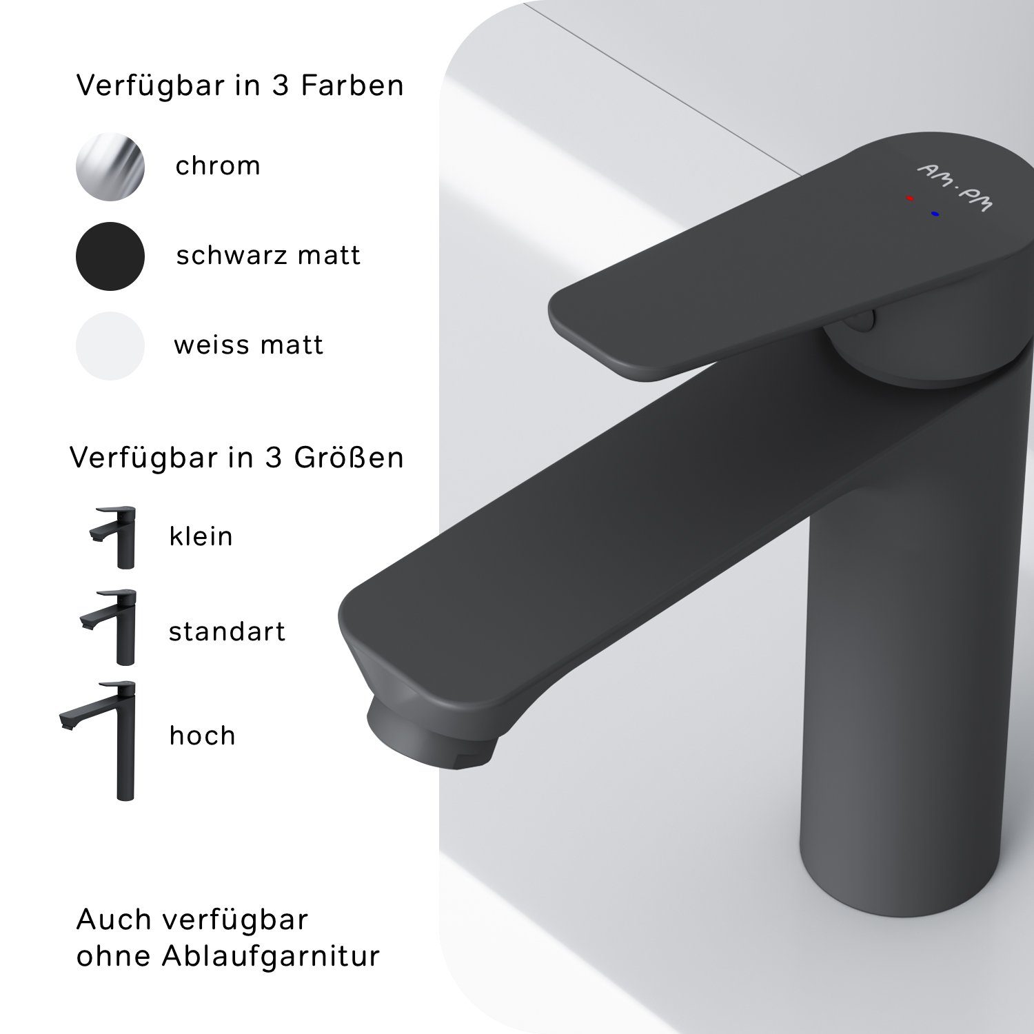 AM.PM Waschtischarmatur Waschbeckenarmatur Hit M-Größe Waschbecken Wasserhahn Bad (mit Klick-Ablaufgarnitur, Mischbatterie) Waschtisch Mischbatterie Badezimmer Badarmatur