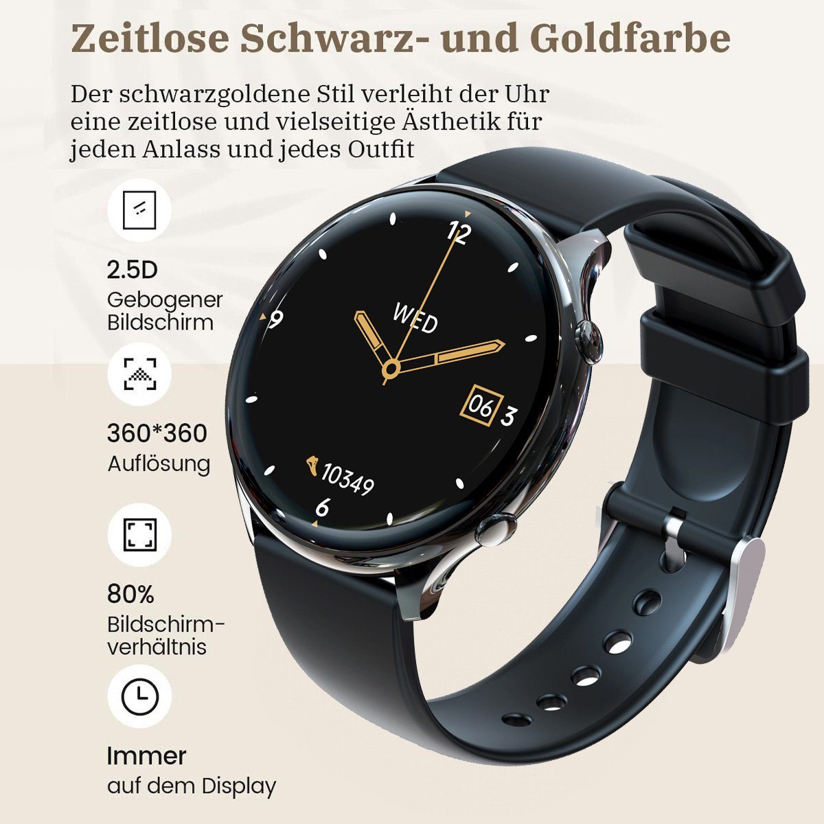 Powerwill Damen Smartwatch mit Telefonfunktion, 1,39-Zoll-HD-Voll-Touchscreen Smartwatch (1,39 Zoll) Schlafüberwachung, Menstruationszyklus, Armbanduhr, IP68, mit Wechselarmband aus Silikon, Fitness-Tracker mit 120 Sportmodi, SpO2-Herzfrequenzmesser