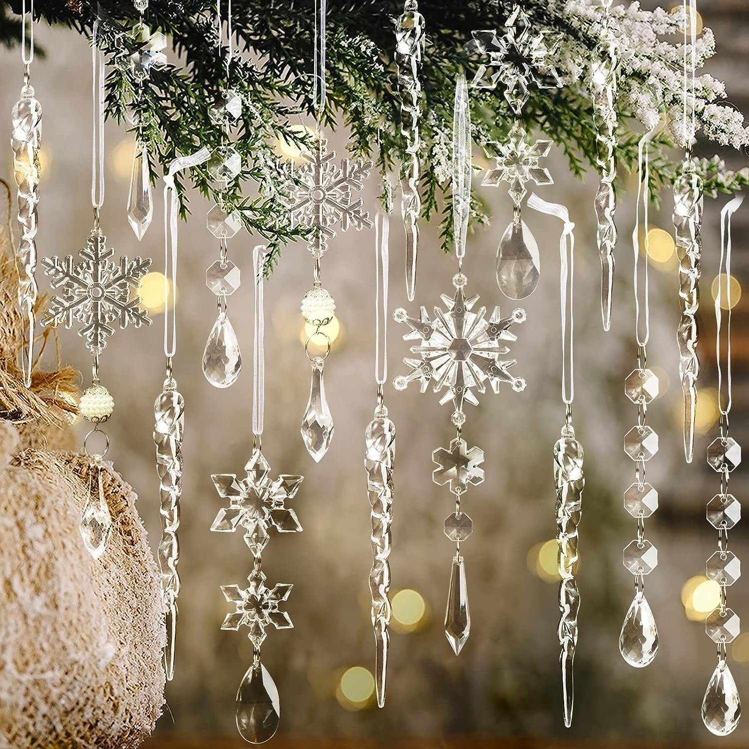 Lamon Christbaumschmuck 10 Stück Weihnachtsbaumschmuck Kristallornamente, hängende Weihnachtsschneeflocken Eiszapfen Tropfen