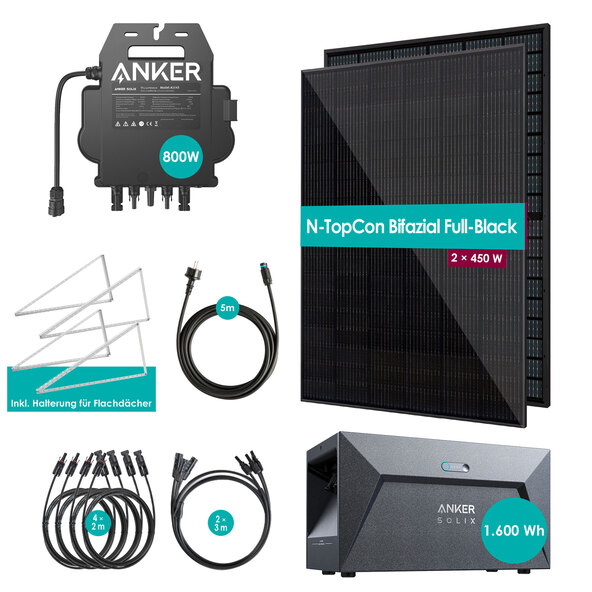 Bifaziales Balkonkraftwerk 900W / 800W inkl. Speicherbatterie und Wandhalterung für flache Flächen
