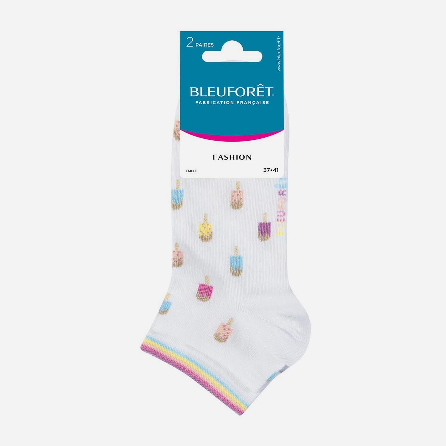 2 paires de chaussettes courtes BLEUFORET blanches glaces et rayures Pointure 37-41