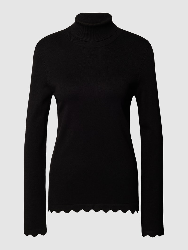 Rollkragenpullover aus Viskose-Mix mit Wellensaum in schwarz