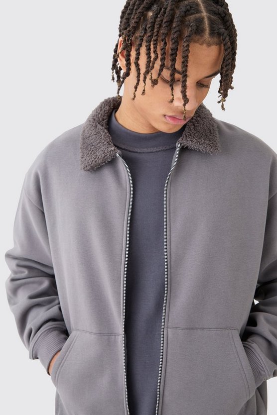 Oversize Jersey-Bomberjacke mit Borg-Kragen