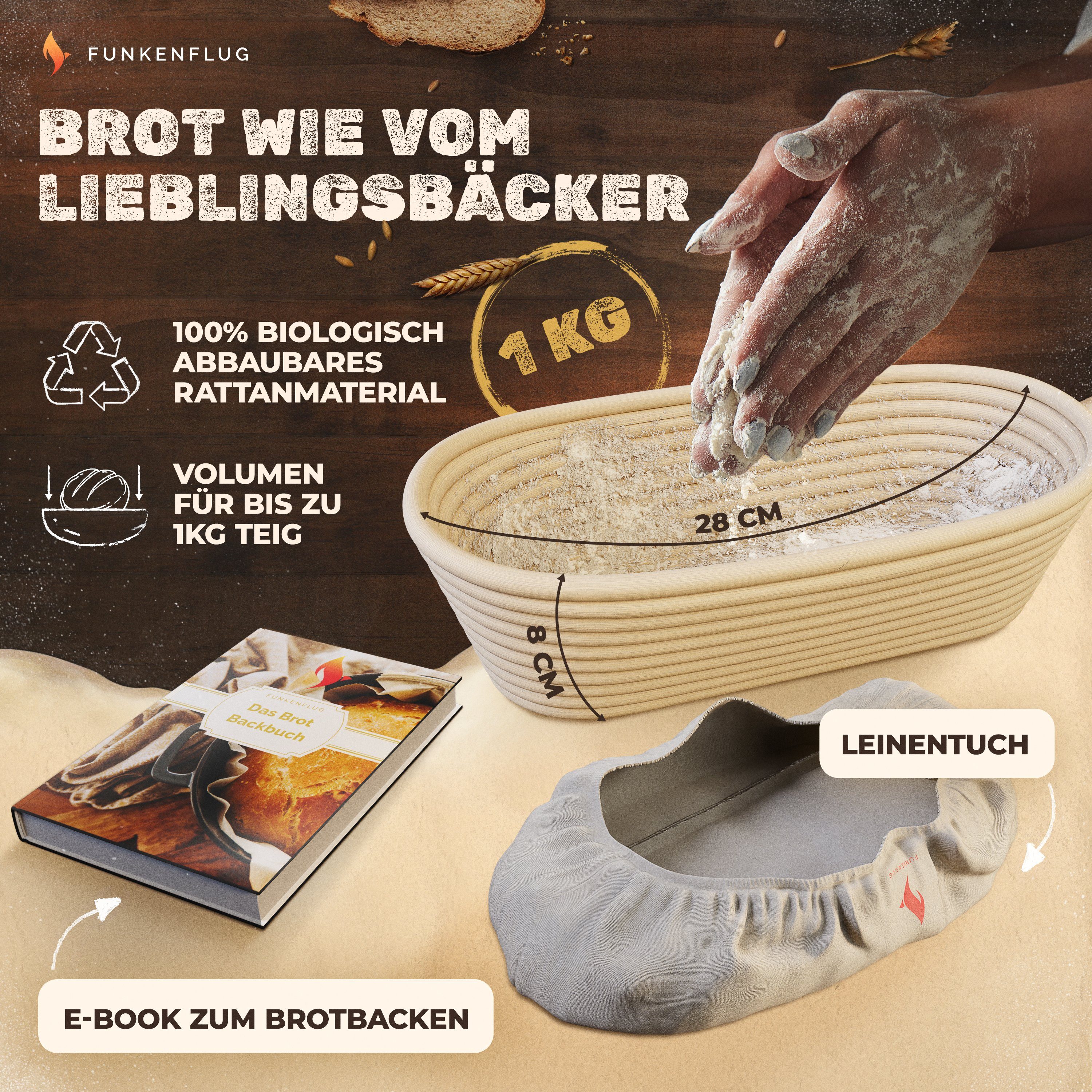 Funkenflug Gärkorb Funkenflug® Premium Gärkorb - zum Brot backen, (Funkenflug Gärkorb Set 3-tlg), 100% natürliches Rattan