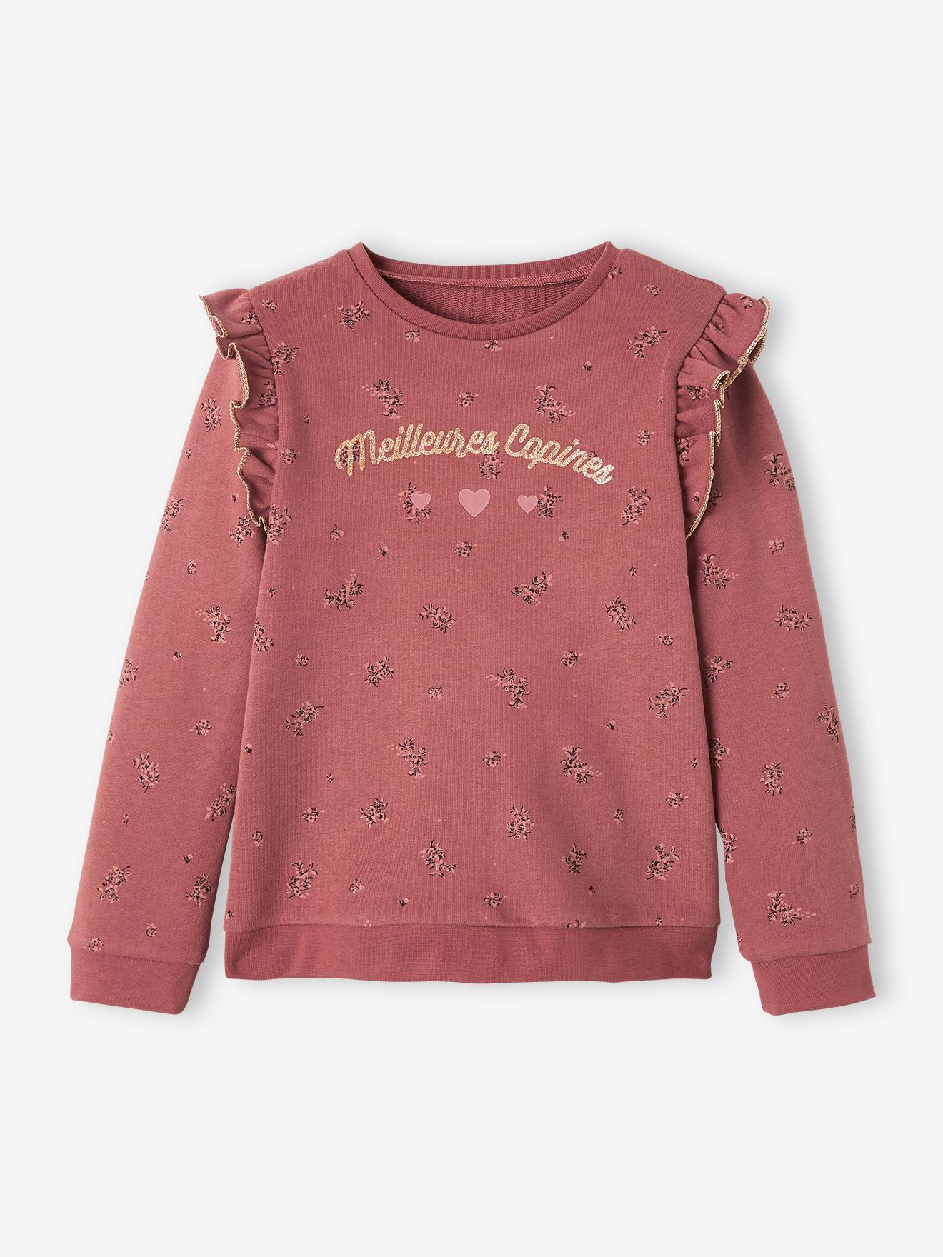 Sweat à volants fille détails fantaisie beige imprimé