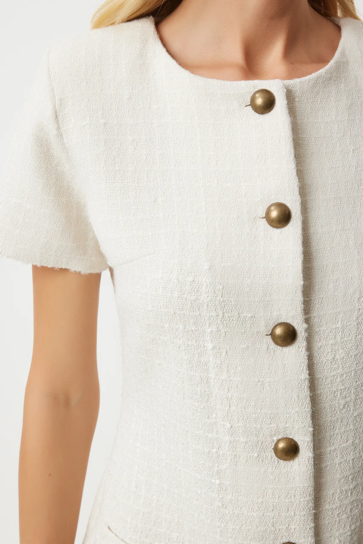 Happiness İstanbul  Geknöpftes Mini-Tweedkleid mit Knochentaschen für Damen KJ00009