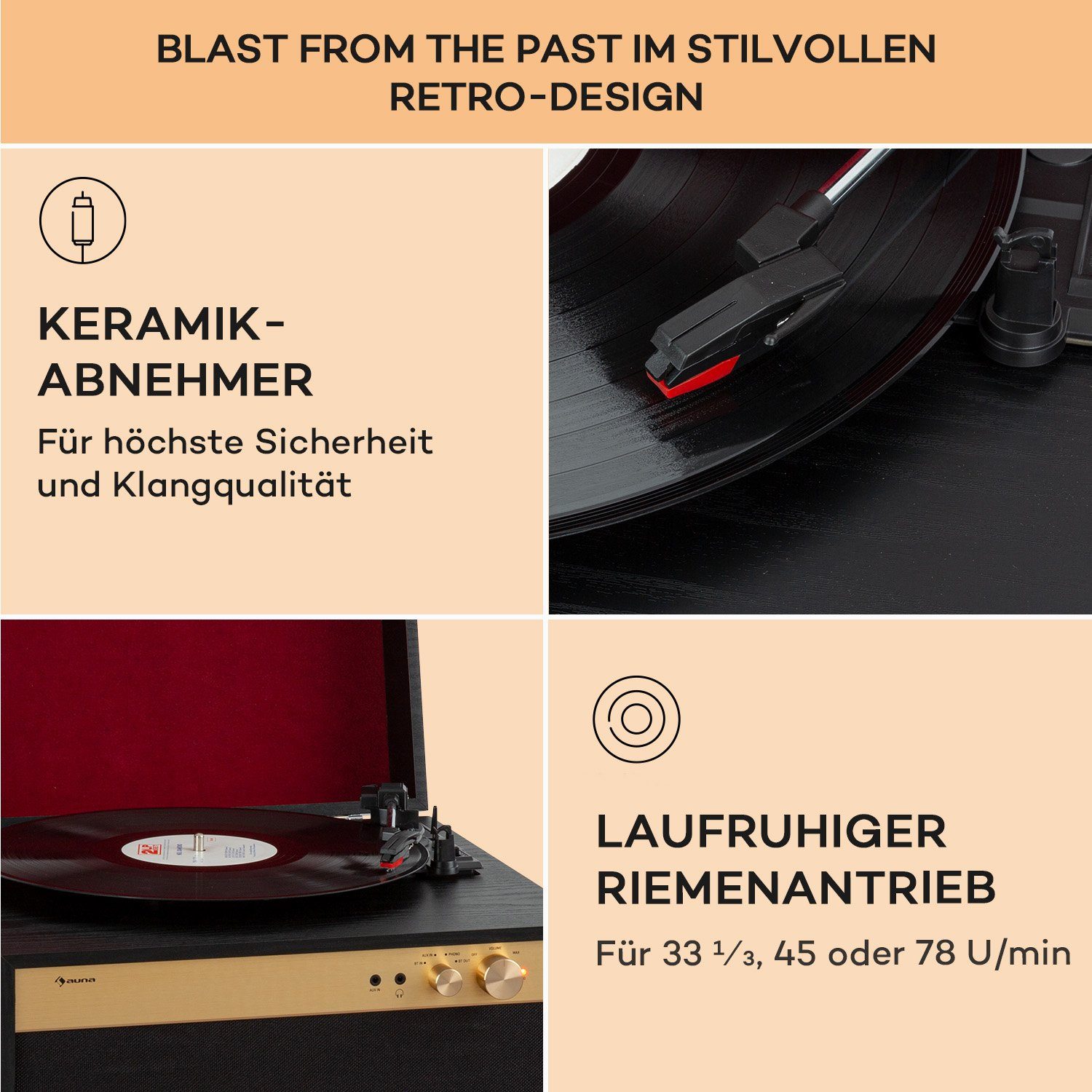 Auna Berklee TT Case Plattenspieler (Riemenantrieb, Bluetooth, Bluetooth lautsprecher Kopfhöreranschluss AUX IN Schwarz)