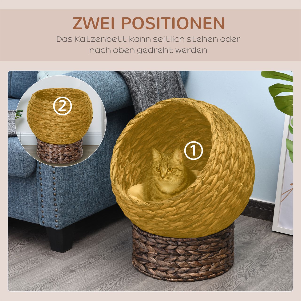 PawHut Rattan Katzenkorb Katzenhütte Katzenhöhle mit Kissen Haustierbett Braun