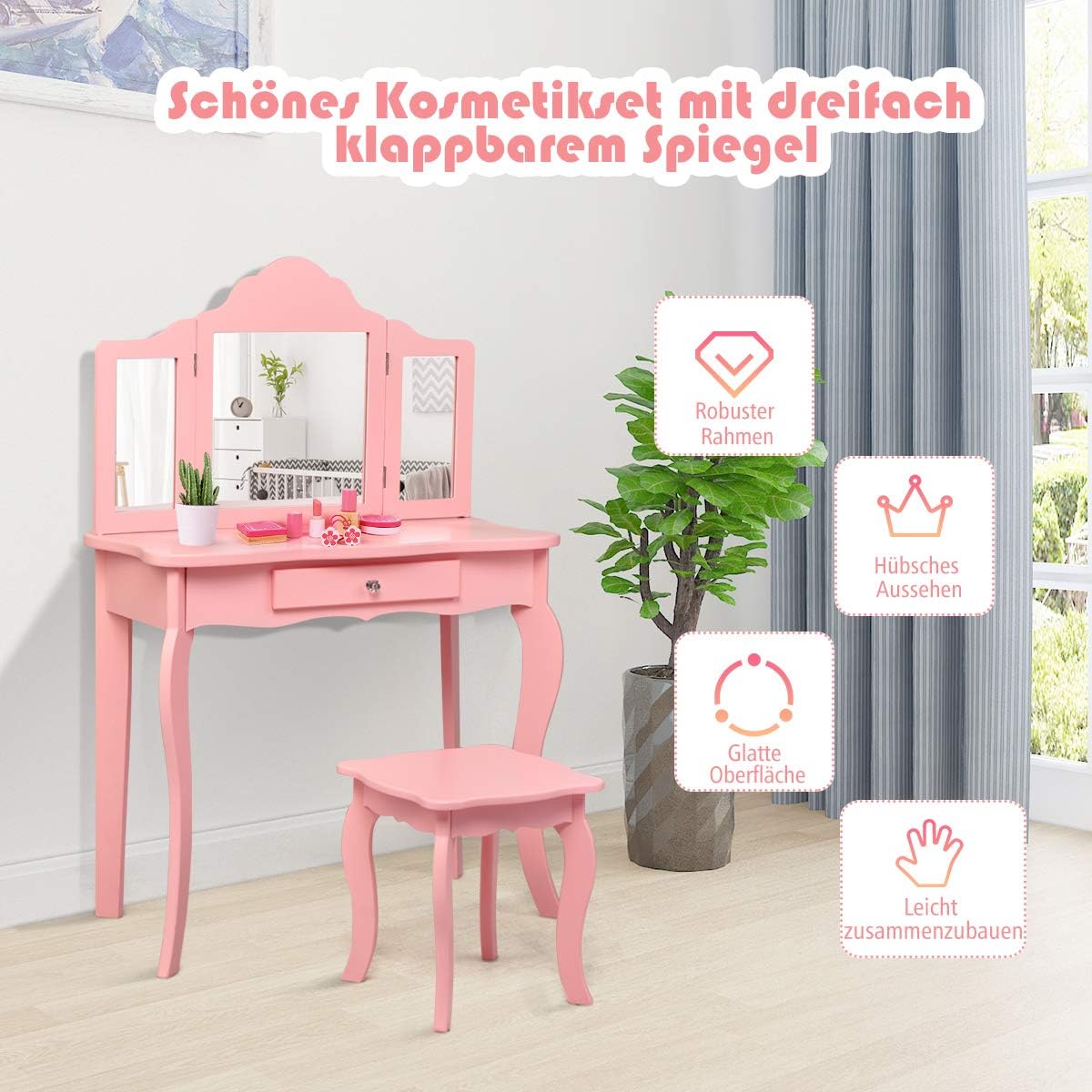 Costway Kinder Schminktisch mit Hocker und Abnehmbarer Spiegel
